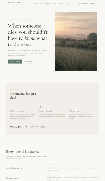 Funeral home website built with AI showing a calm serif hero, sage accents and where-to-start steps for families