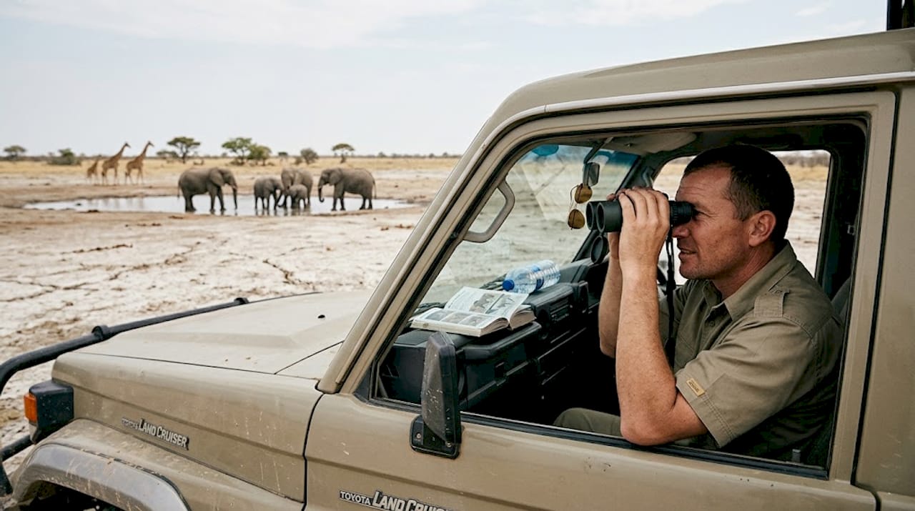 Safari guide observes elephants at Etosha waterhole