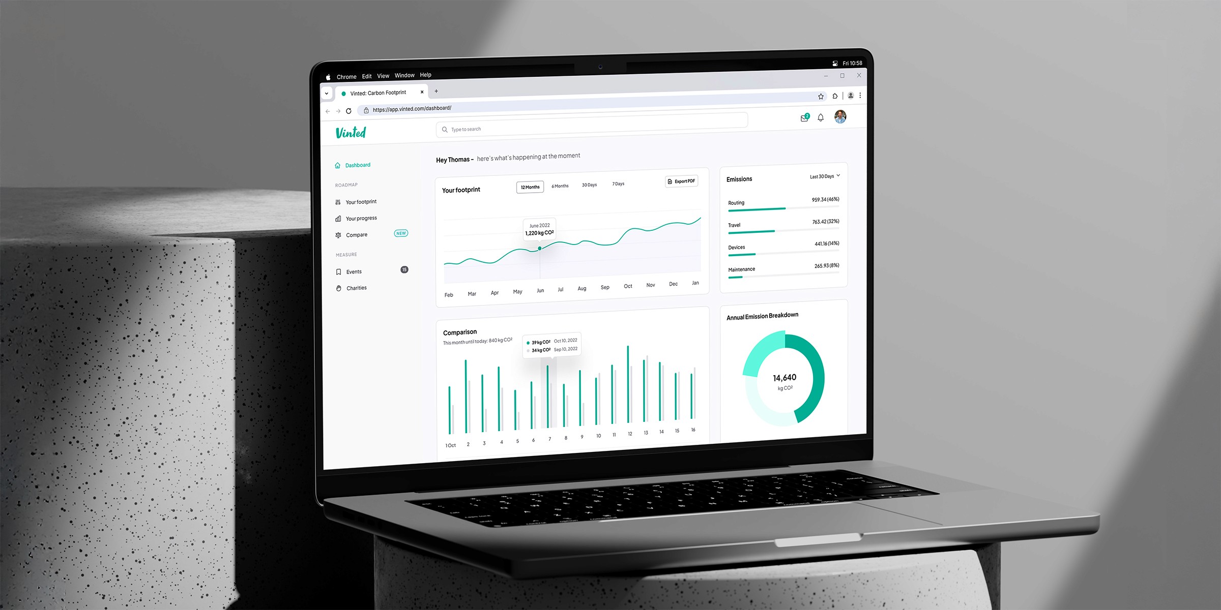 A sleek laptop on a modern concrete table displays a dashboard with detailed analytics, featuring graphs and charts related to carbon footprint and business metrics for Vinted.