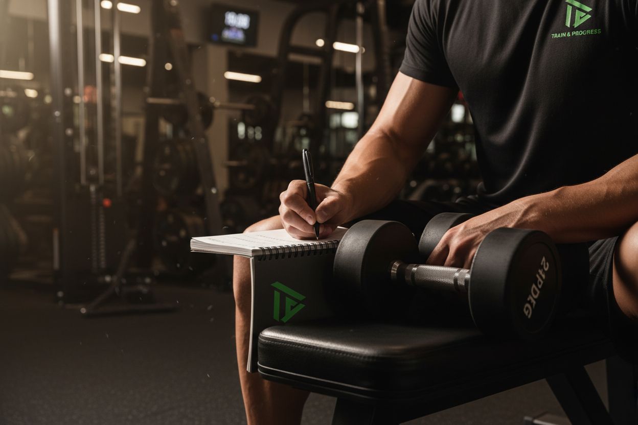 Person writing workout notes next to dumbbells