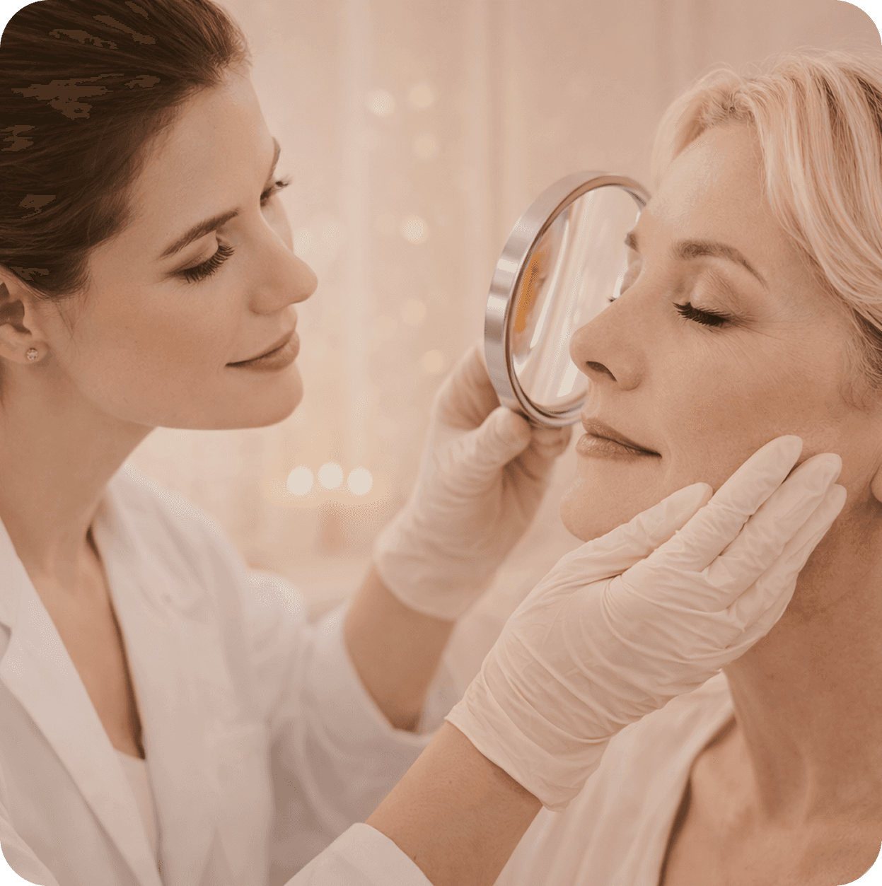 Young woman with a green towel wrapped around her head, wearing under-eye patches and smiling during a self-care routine