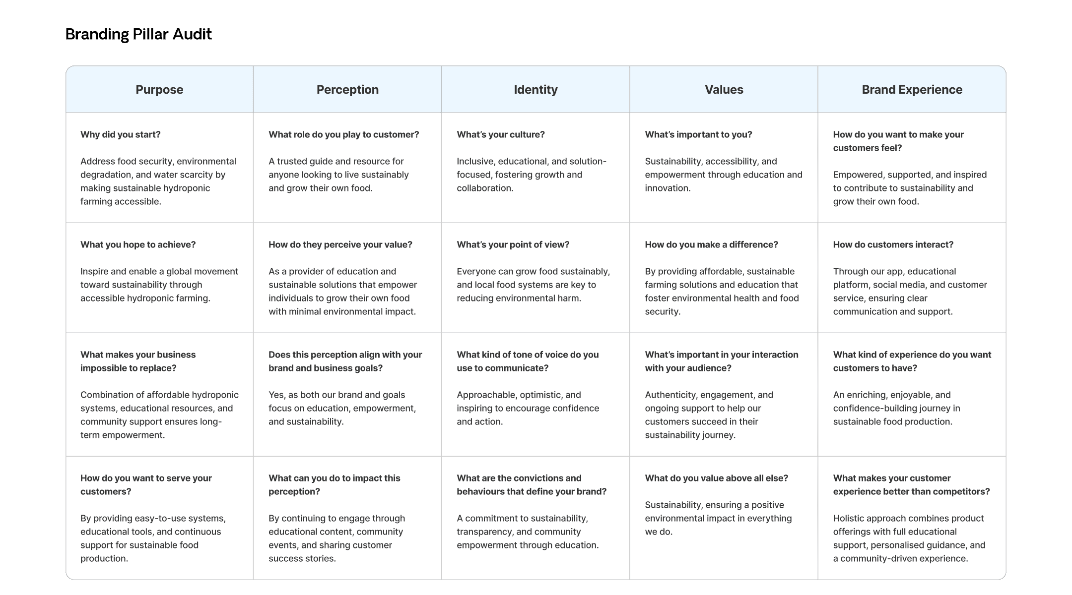 research branding audit table