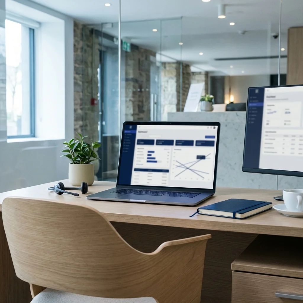 Aufgeräumter Schreibtisch mit Laptop und externem Monitor mit Dashboard-Ansichten