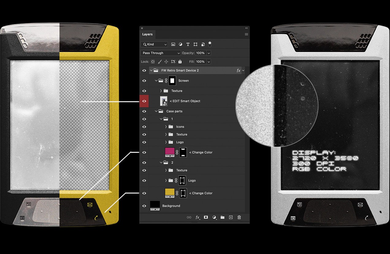 Retro smart device mockup Photoshop smart object editing with screen texture detail