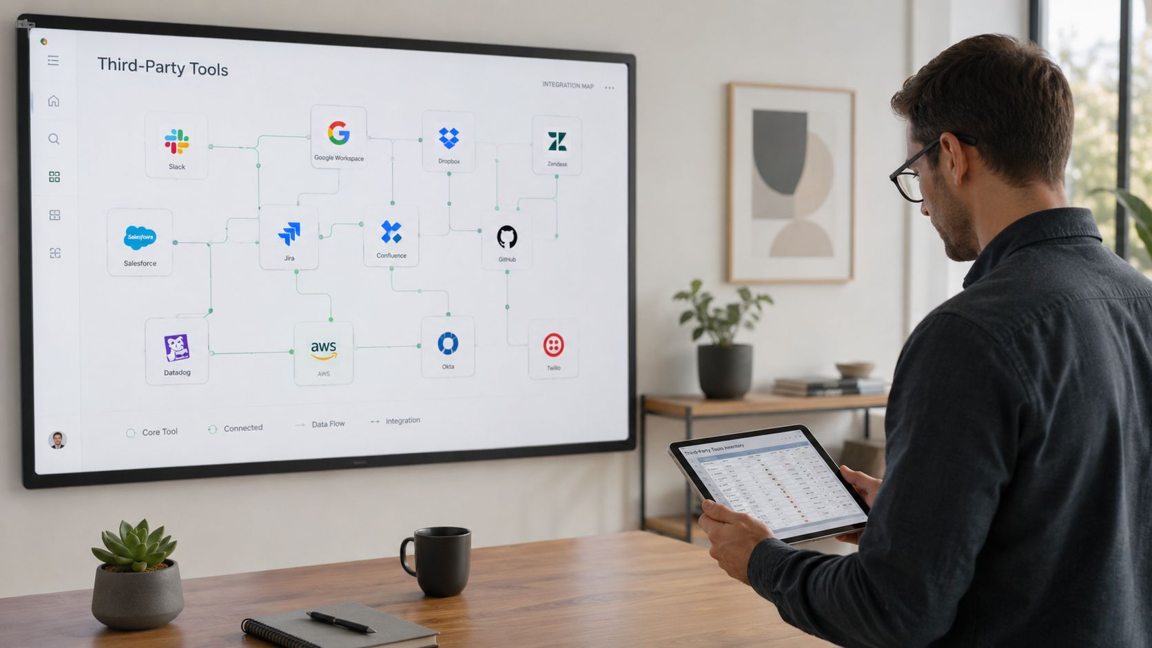 A professional man using a tablet in an office with a large monitor displaying tool integrations.