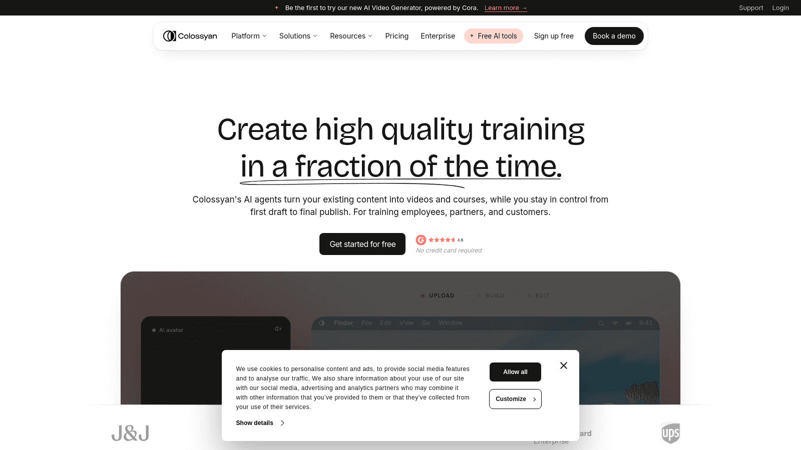Colossyan AI video creation platform landing page featuring a headline about creating training videos efficiently.