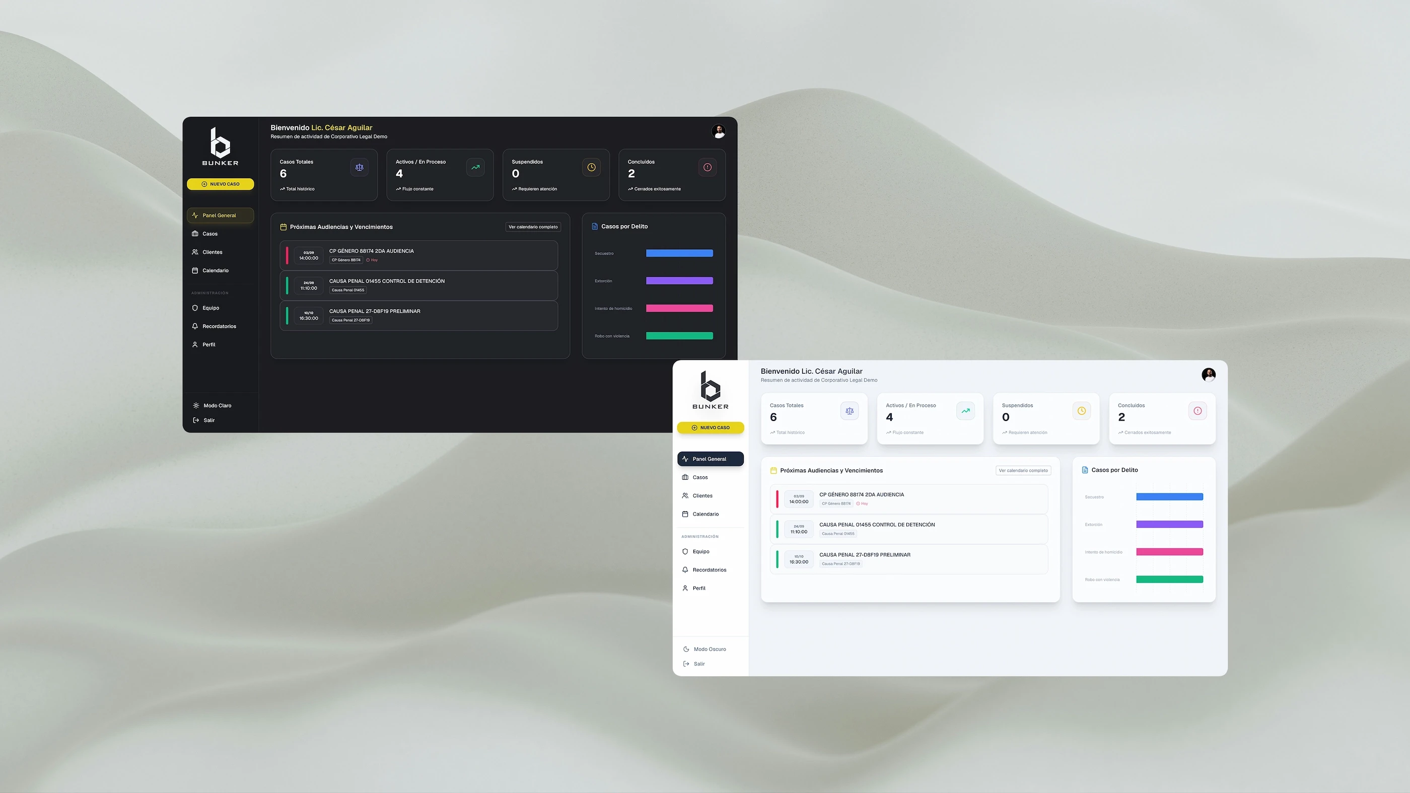 Dos pantallas con el dashboard de Bunker Legal, un sistema de gestión para despachos legales