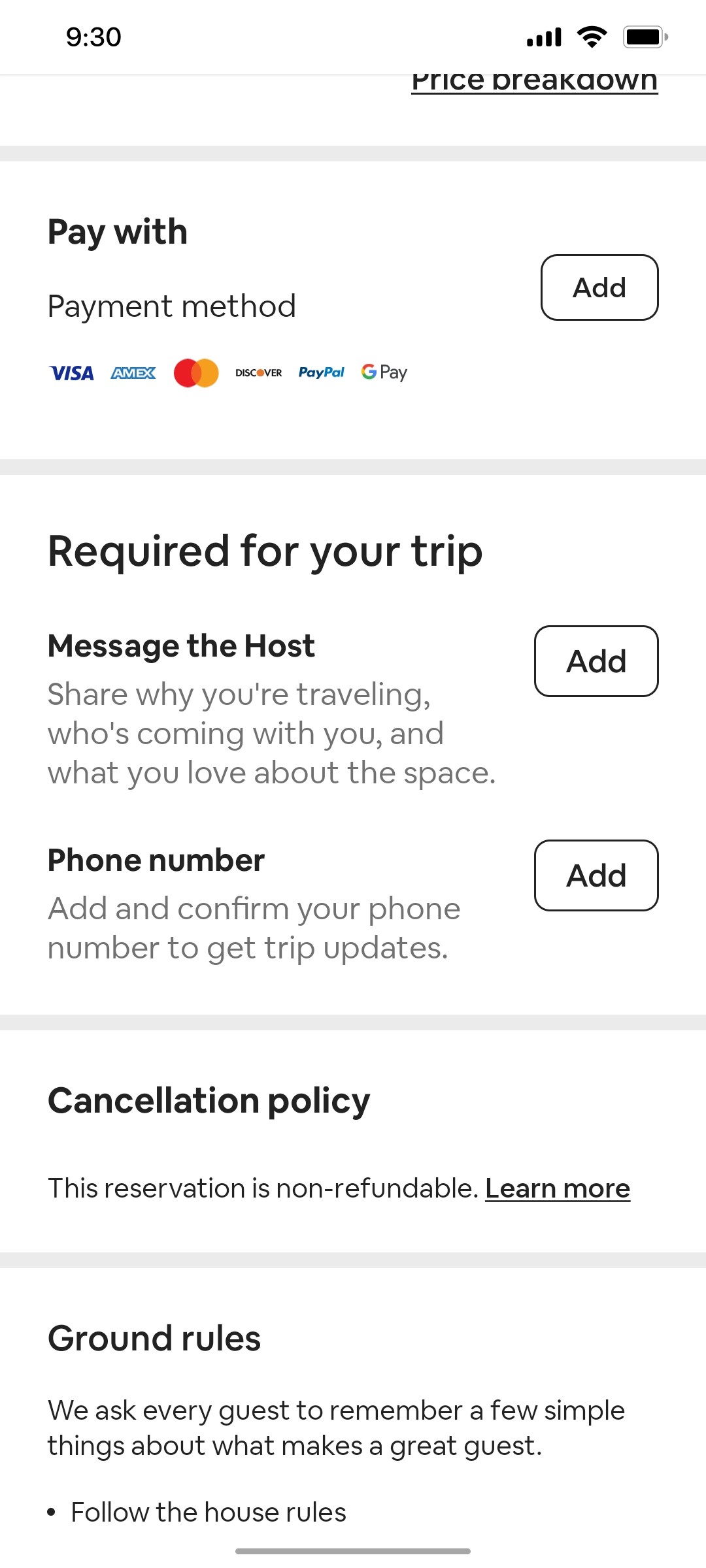 Airbnb Request to book details screen