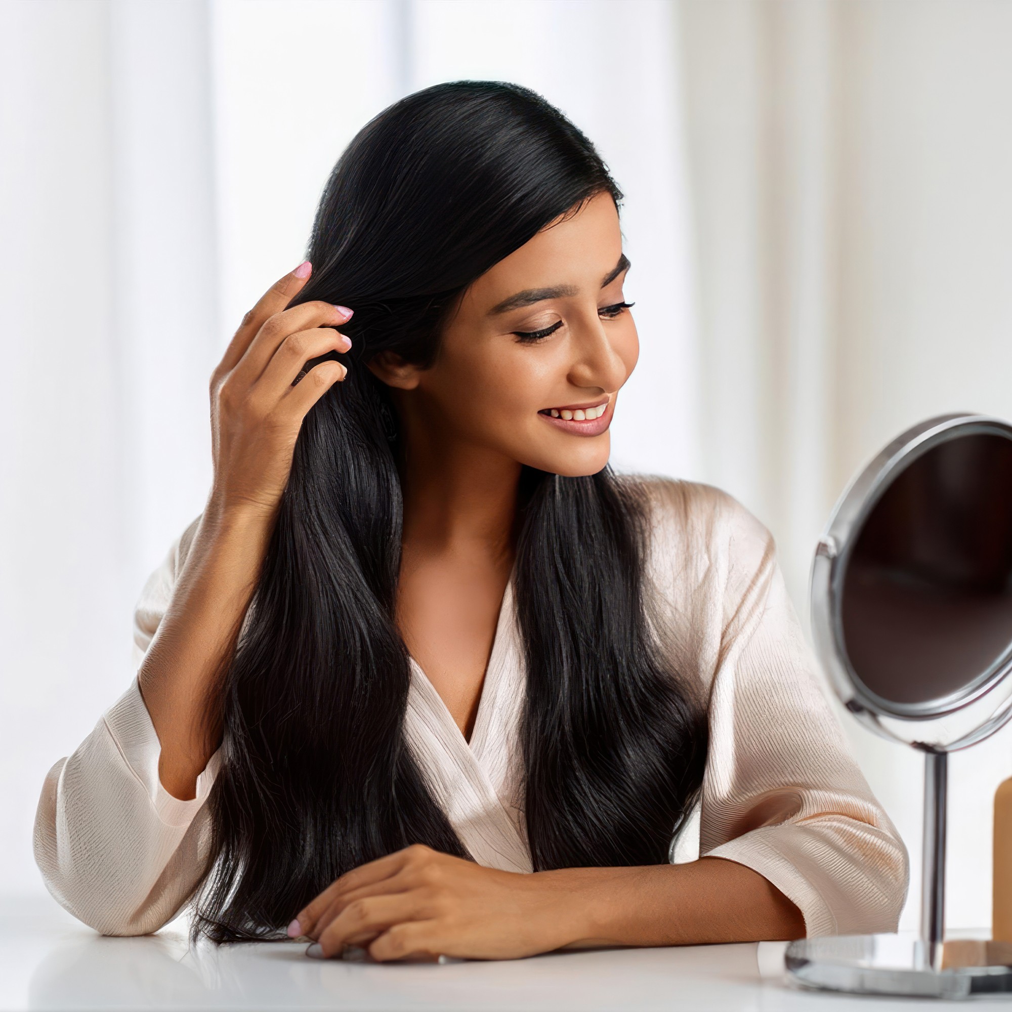 Close-up portrait of a young woman with green eyes, natural makeup, and dark hair, gently touching her face, against a neutral beige background