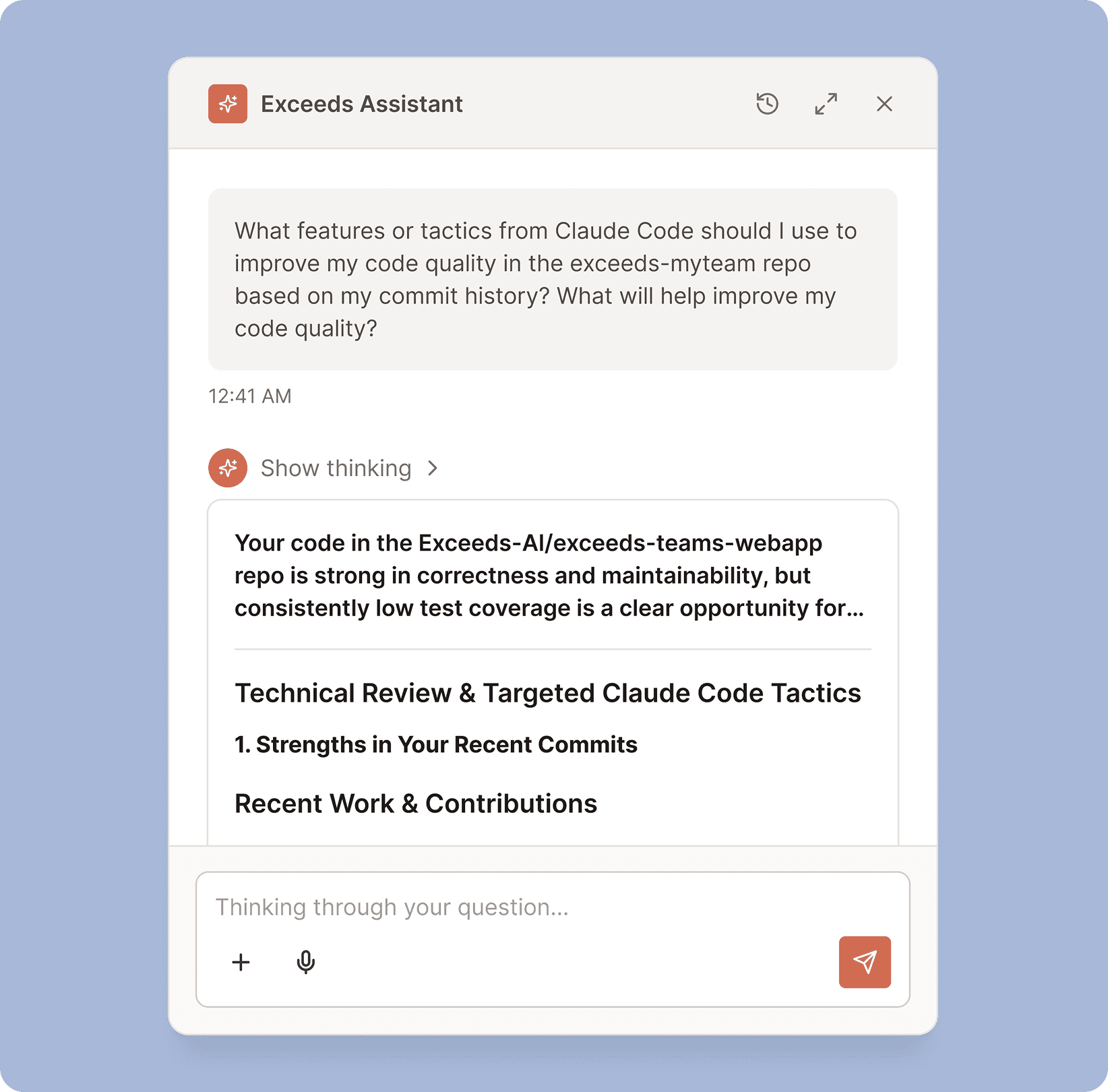 A code editor interface with JavaScript code visible. A string of code is highlighted, and an "Exceeds AI" popup dialog  reads: "Caroline can give you background here. She wrote this code and is also an expert in Python." 