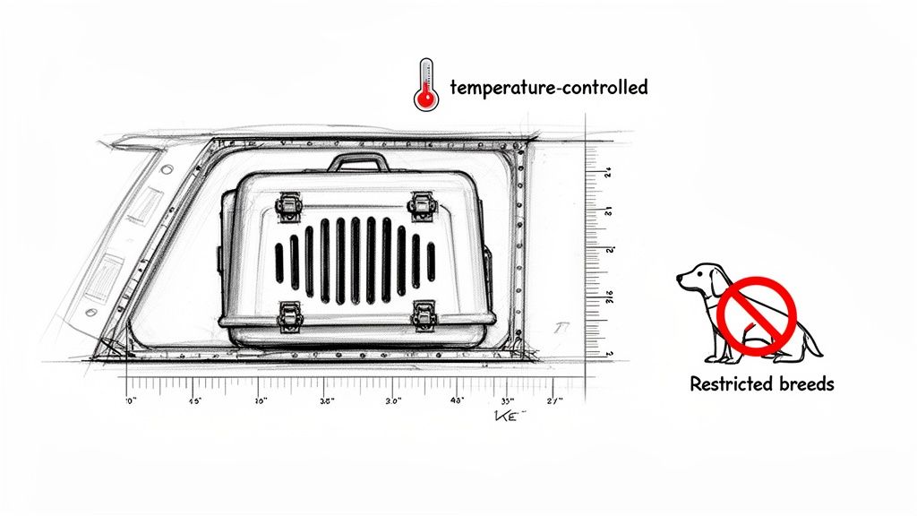 Sketch of a pet carrier in a temperature-controlled compartment, with notes on dimensions and restricted dog breeds.