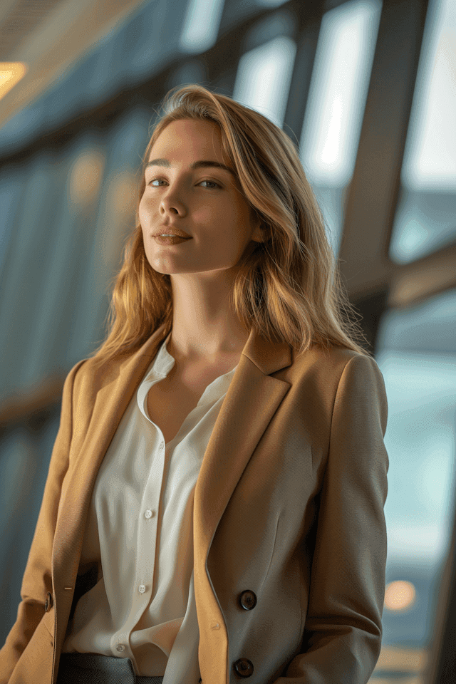 Professional portrait of a woman with blonde hair wearing a white shirt and a stylish tan blazer.