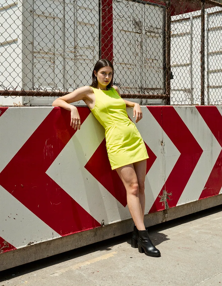 Bright neon yellow dress styled against red and white industrial barriers, creating bold contrast in an urban setting