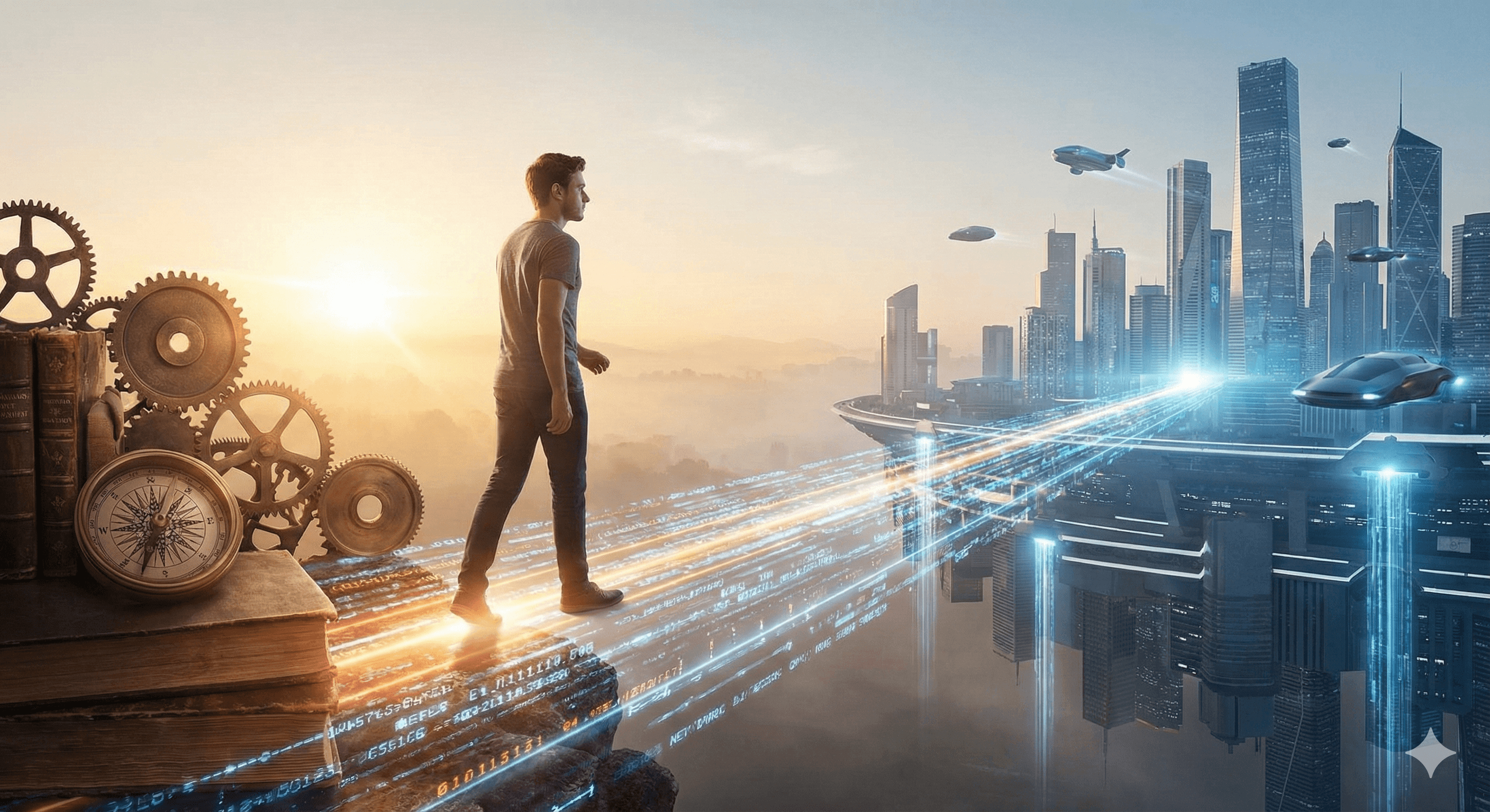 Person standing on the edge of a digital data stream looking toward a futuristic city, representing the transition from AI pilot to proven results