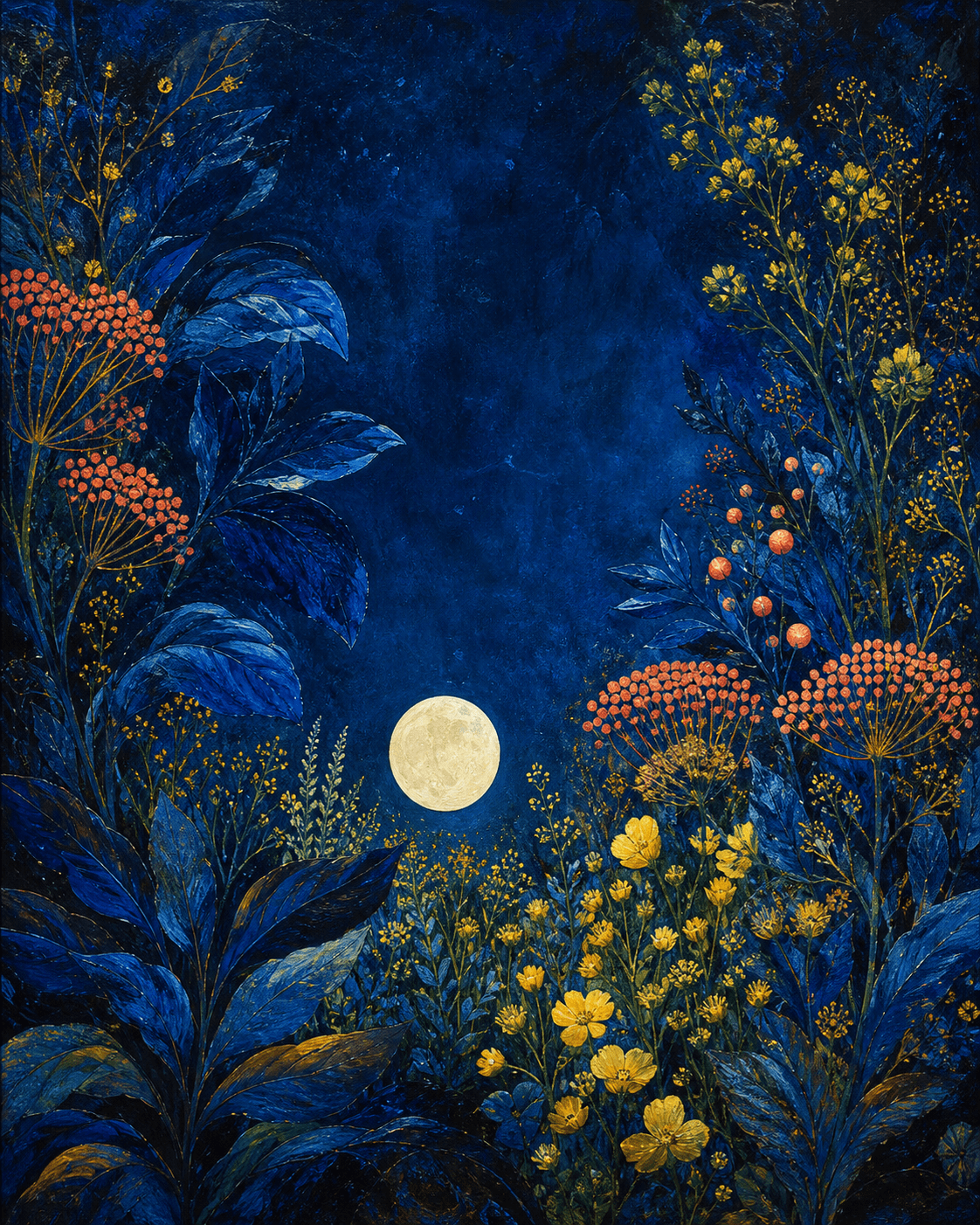 Pale Moon Loud Garden, an original indigo botanical painting with a low moon