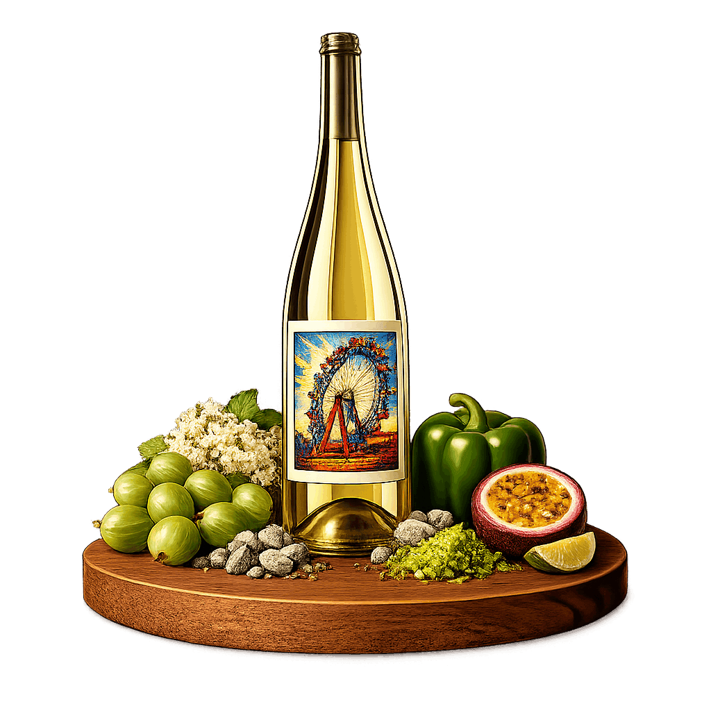 Artistic label and flavor profile for Austrian Sauvignon Blanc on a rustic wooden table.
