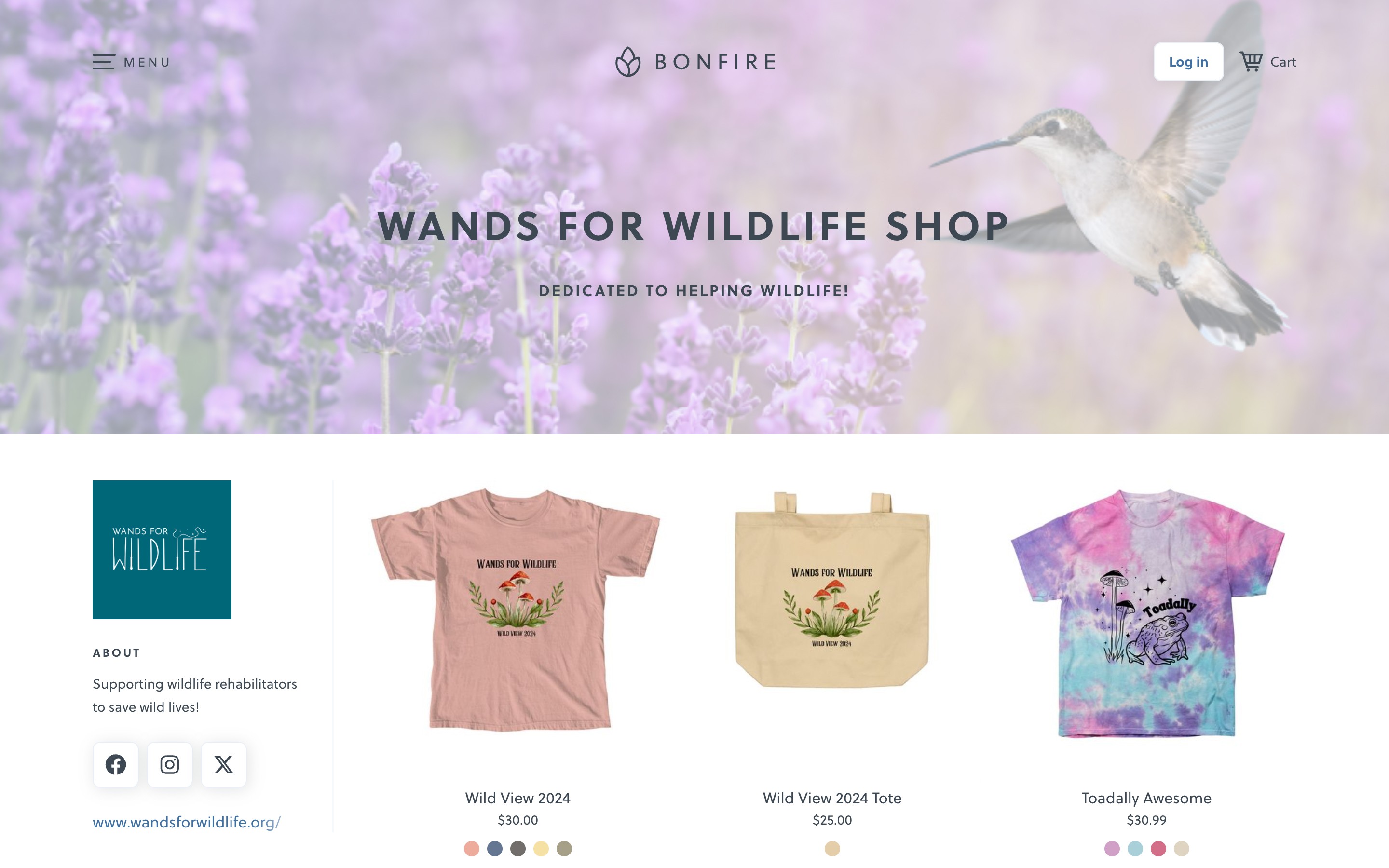 Wands for Wildlife Shop homepage featuring shirts and tote bag supporting wildlife conservation.