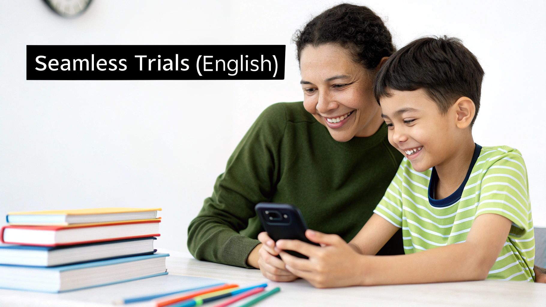 Happy mother and son smiling while looking at a smartphone together, with books on a table.