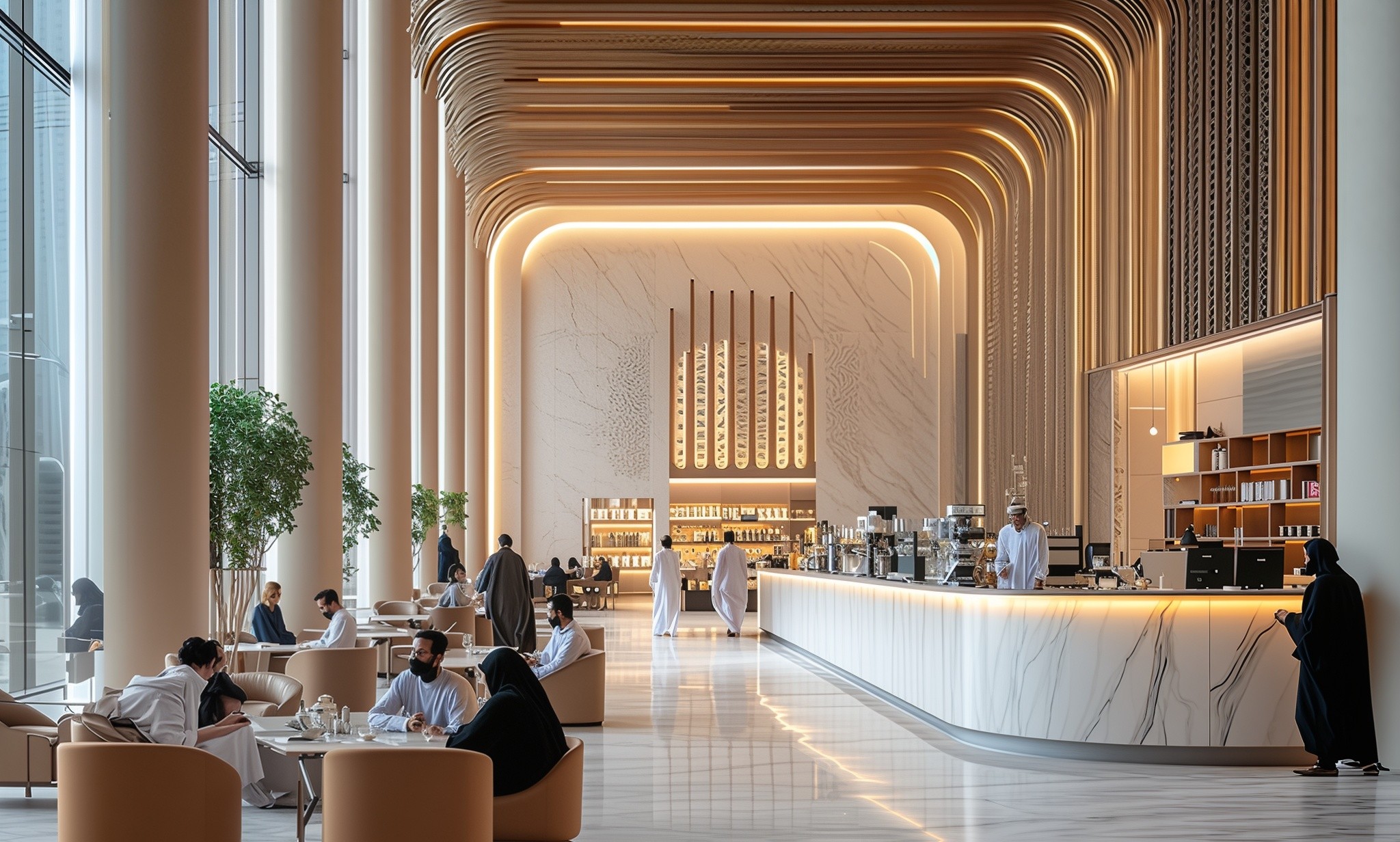 A bustling hotel lobby in District 11, featuring people gathered around tables, enjoying conversation and drinks.