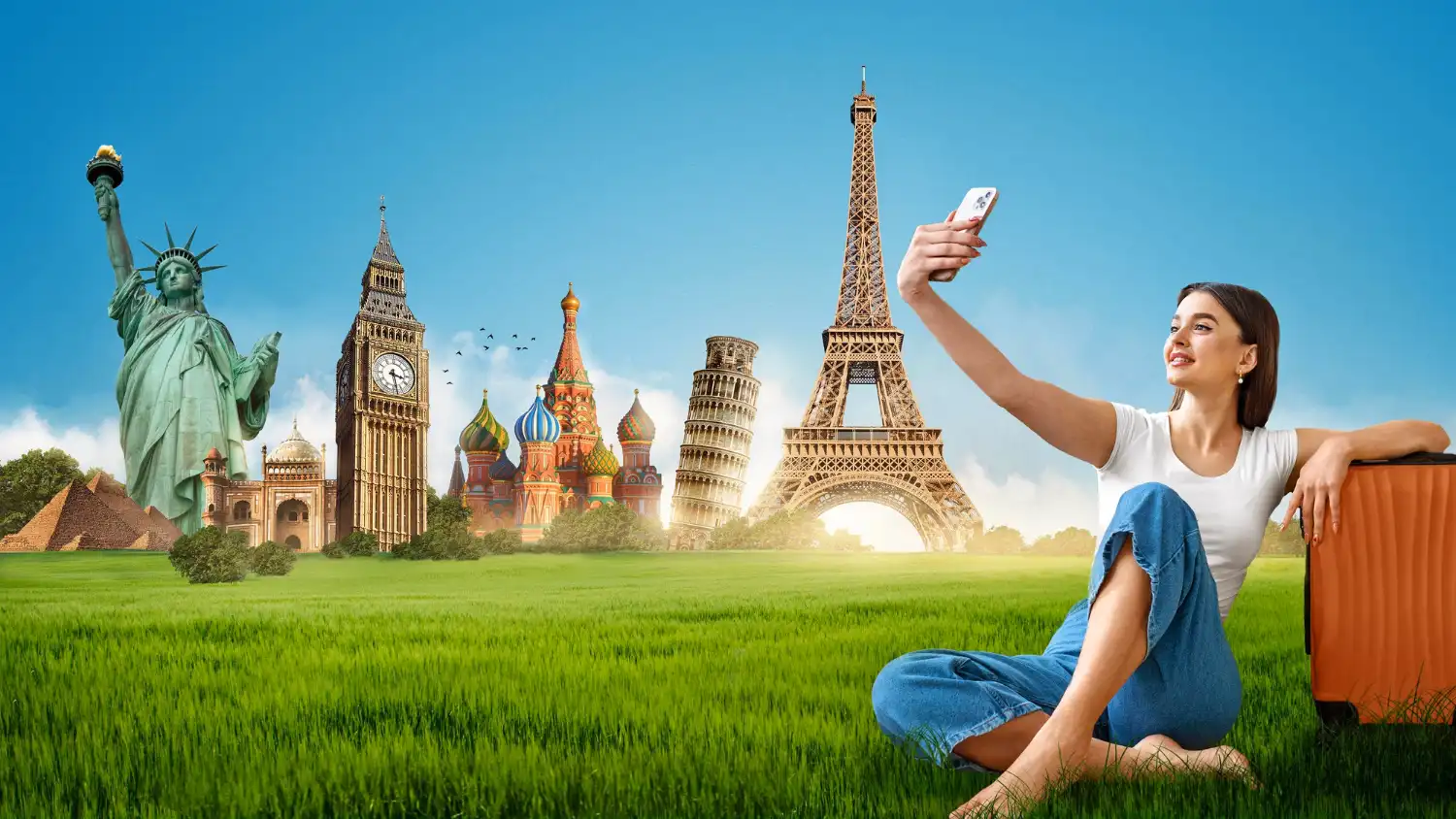 Woman taking selfie with travel landmarks.