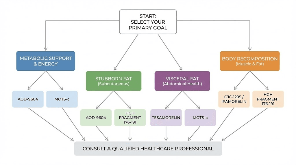 Lipotropic peptide selection guide flowchart for weight loss goals