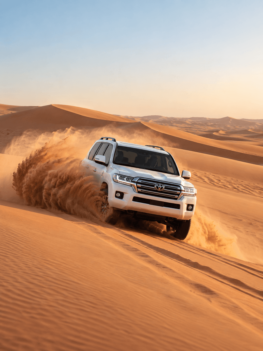 Private 4x4 Land Cruiser dune bashing on a Dune Quest Tours morning desert safari, Dubai