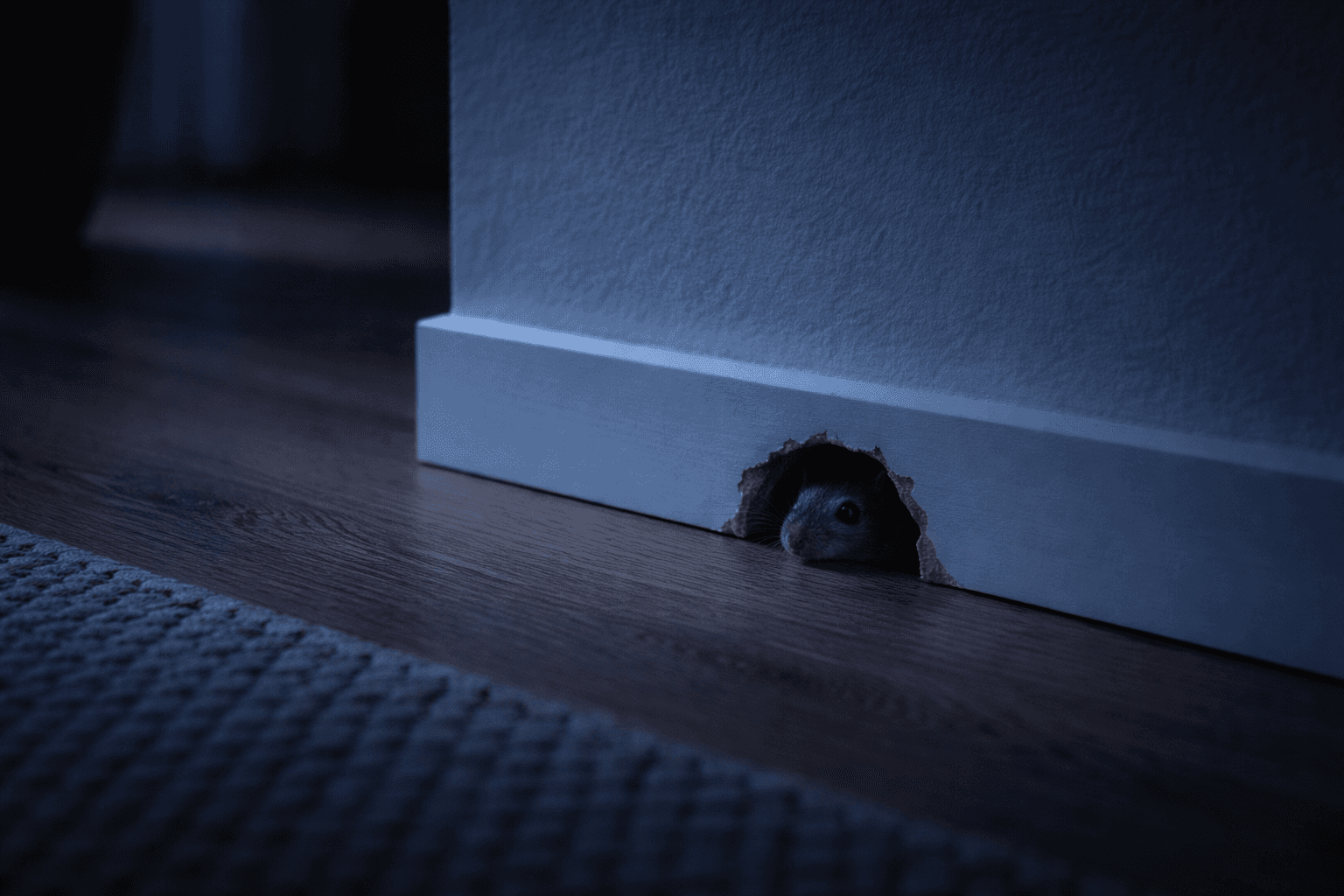 Souris sortant d'un trou dans une plinthe blanche la nuit, éclairage bleuté