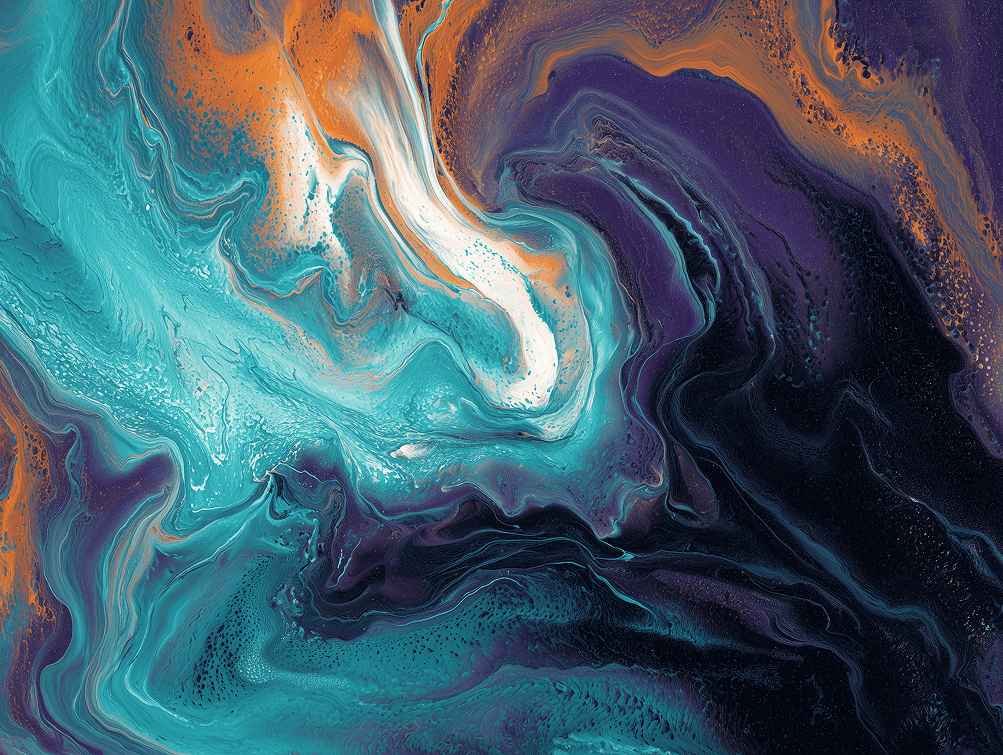 Abstract swirling colors in shades of teal, orange, and purple, creating a dynamic and fluid visual effect.