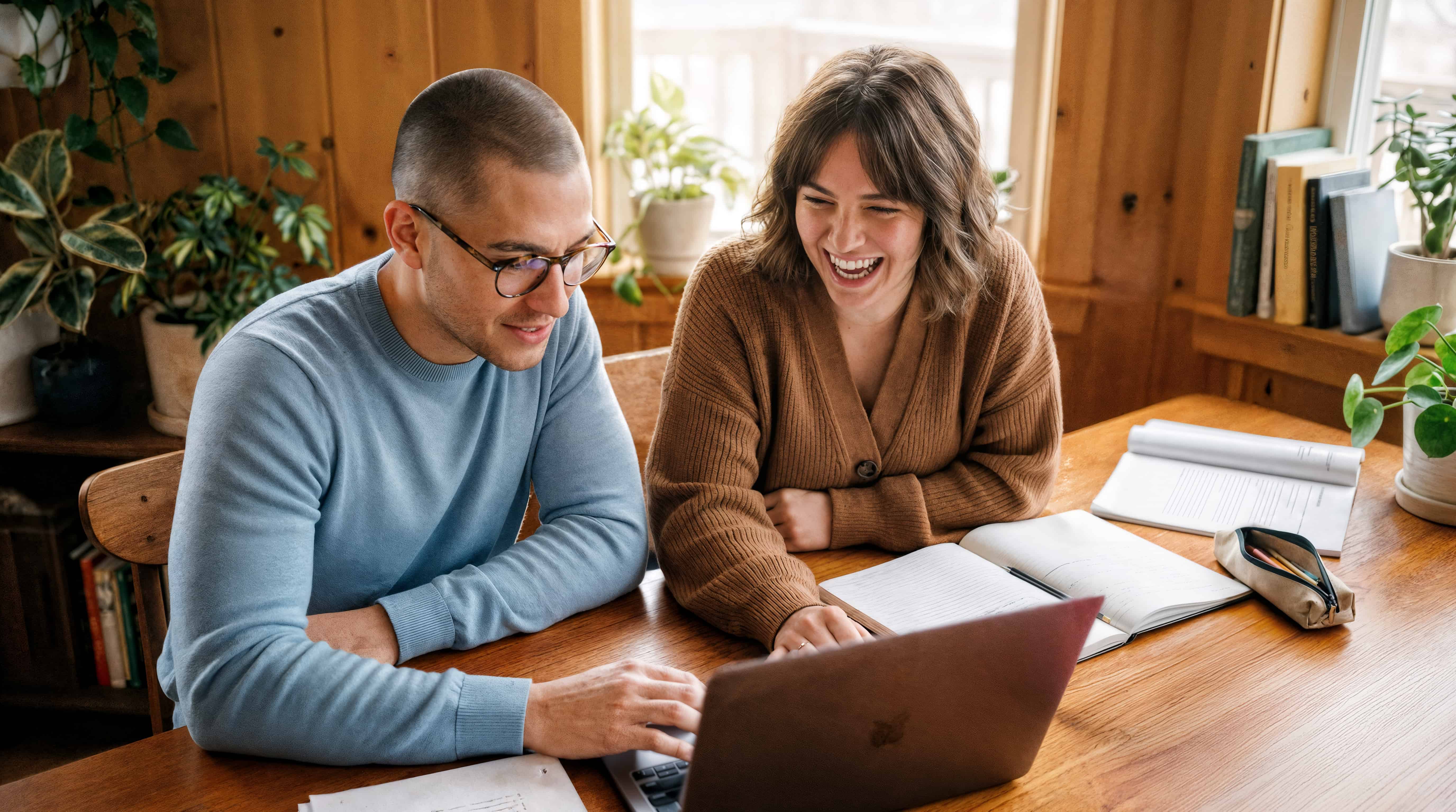 Two people collaborating happily on a laptop in a cozy home office setting.