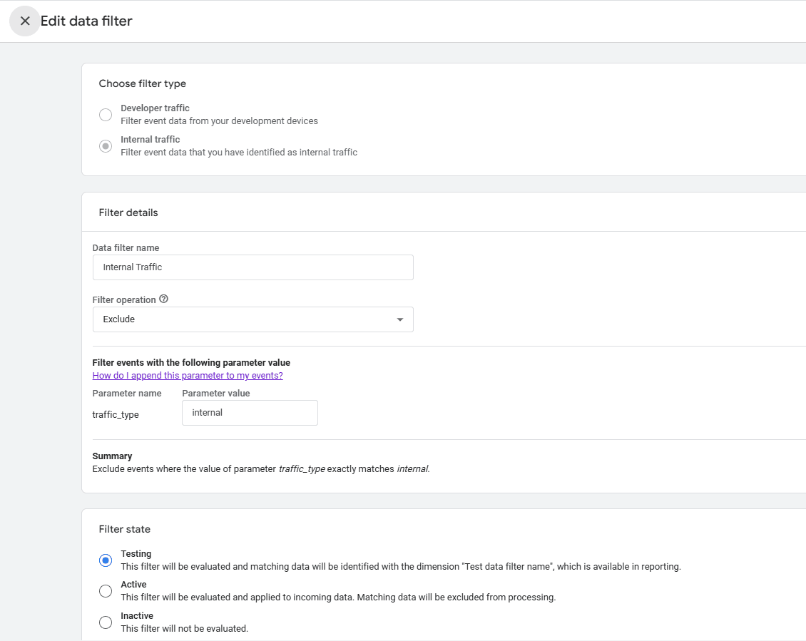 GA4 internal traffic filter settings
