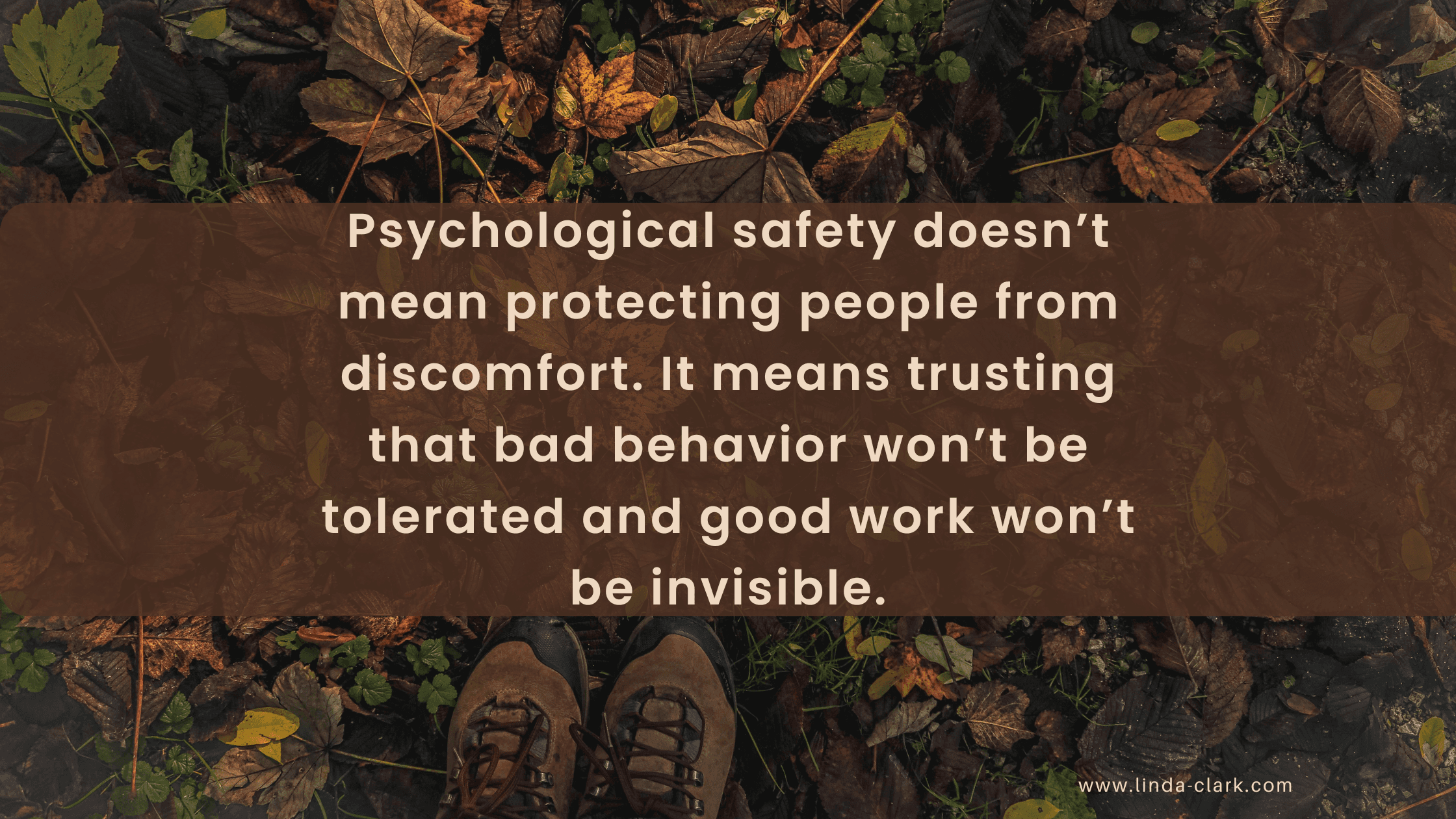 A photo of a forest floor covered in leaves and looking down at your boots in the leaves. The title of the blog post is on a brown background and says Building Trust in Leadership: Remove Harm First | Linda Clark