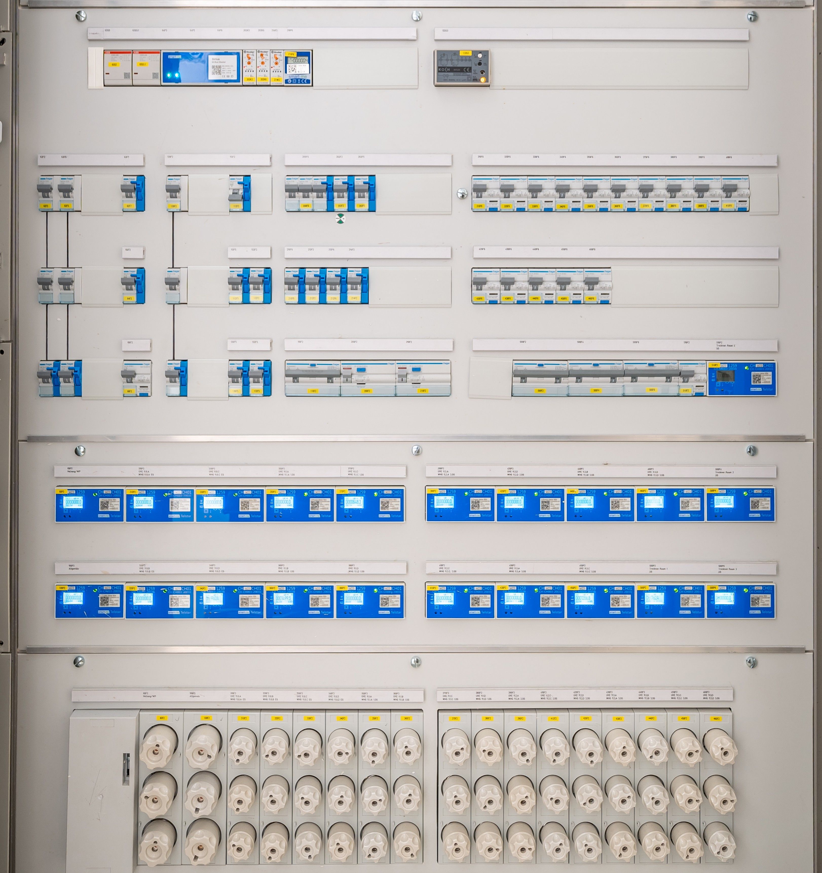 Modern electrical distribution board with circuit breakers and protective devices.