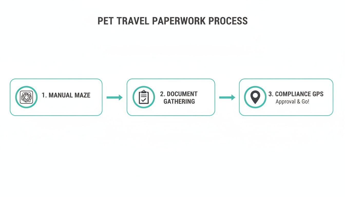Flowchart showing a three-step pet travel paperwork process: manual maze, document gathering, and compliance GPS.