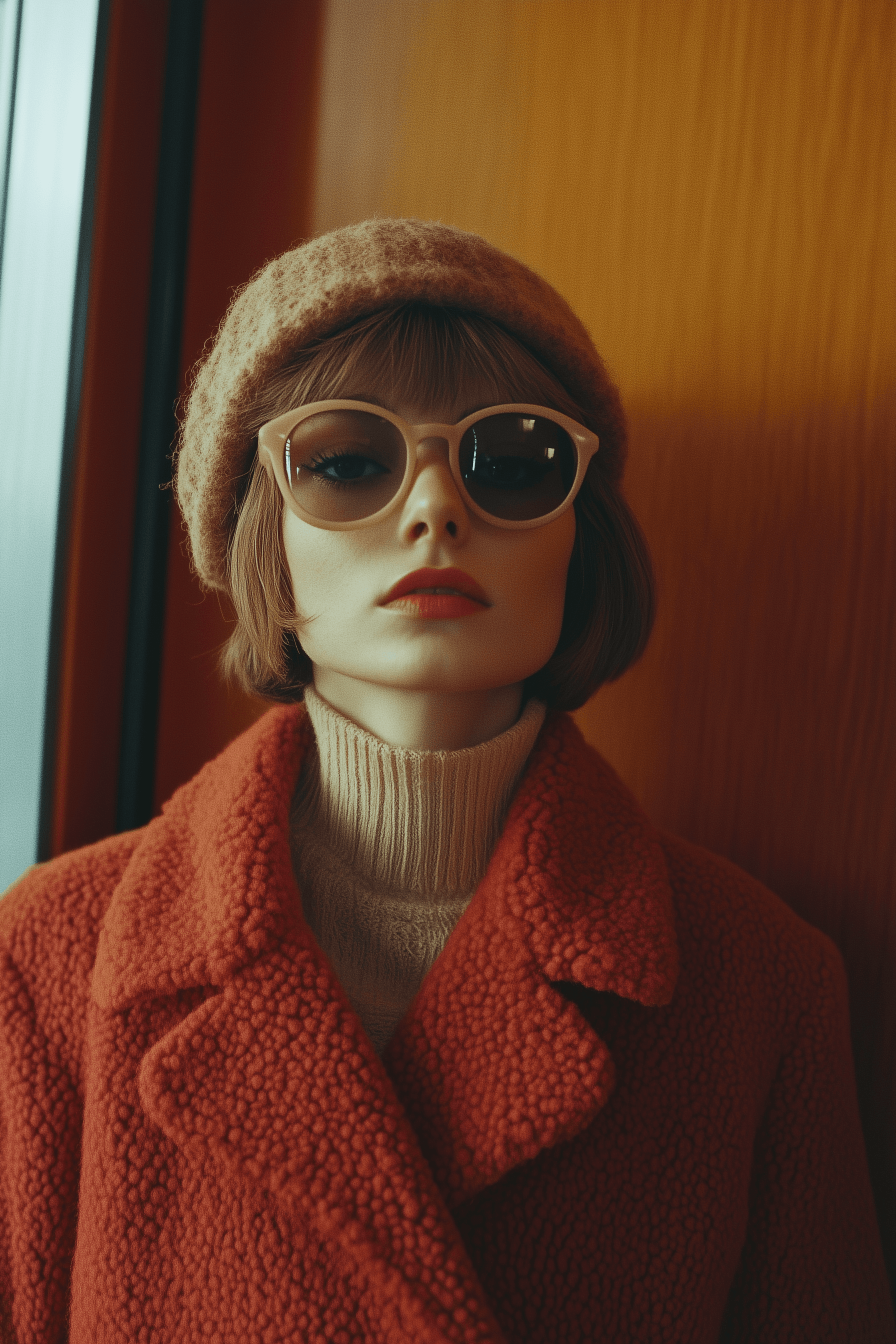 A portrait of a Western woman wearing a hat and sunglasses