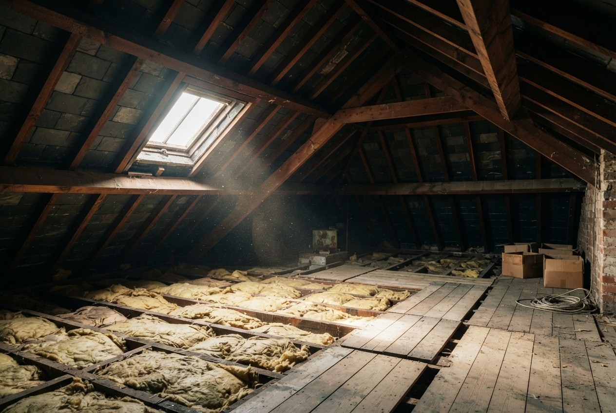 An empty dusty loft with bare rafters before conversion