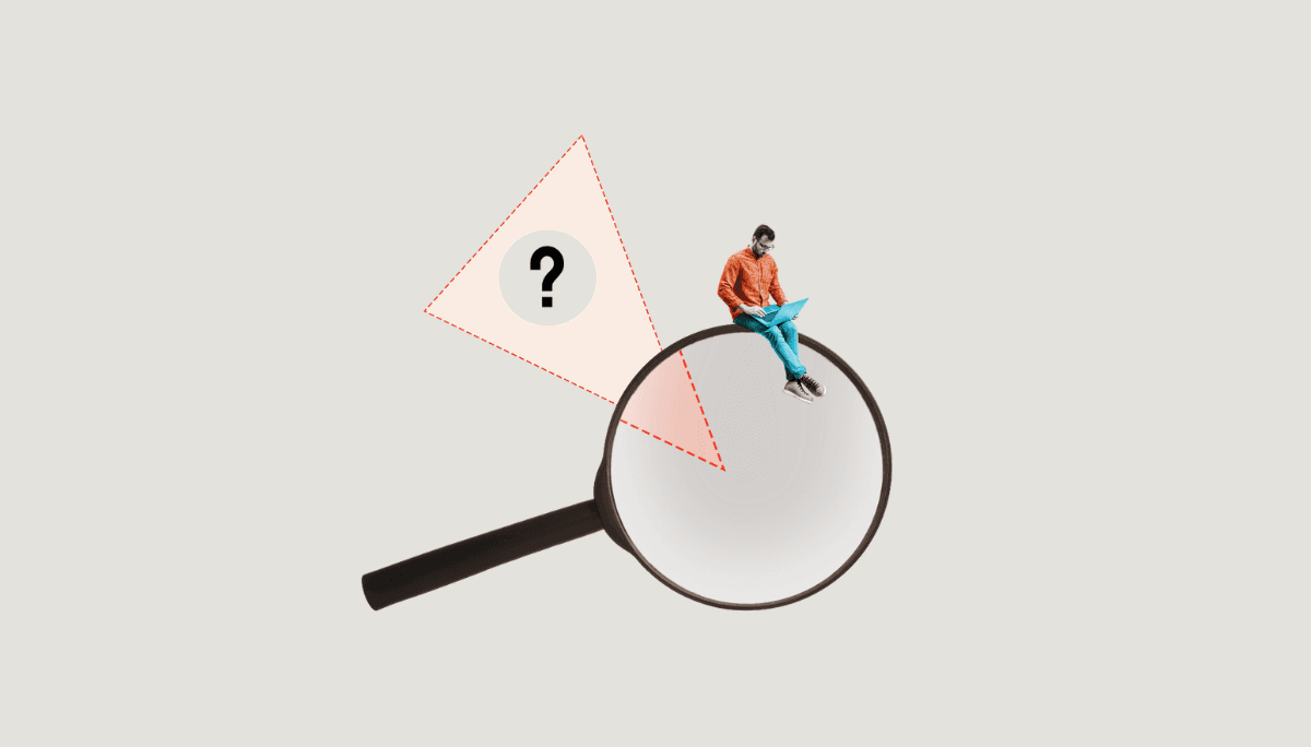 Illustration of a person sitting on a magnifying glass with a laptop beside a question‑mark symbol, representing the investigative and problem‑solving work of R&D engineers.