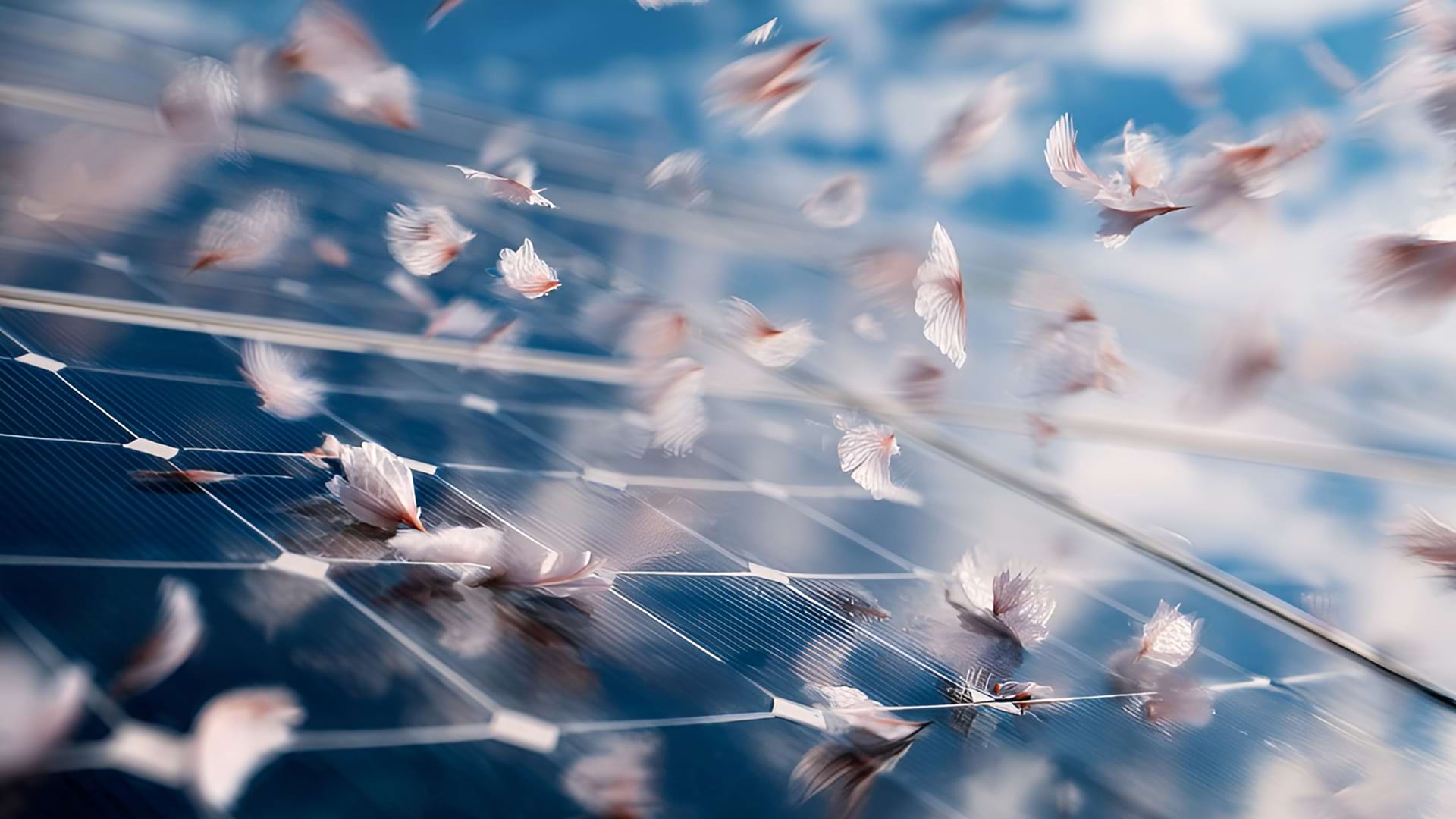Blurred white feathers float above reflective solar panels under a bright blue sky, conveying a sense of motion and renewable energy.