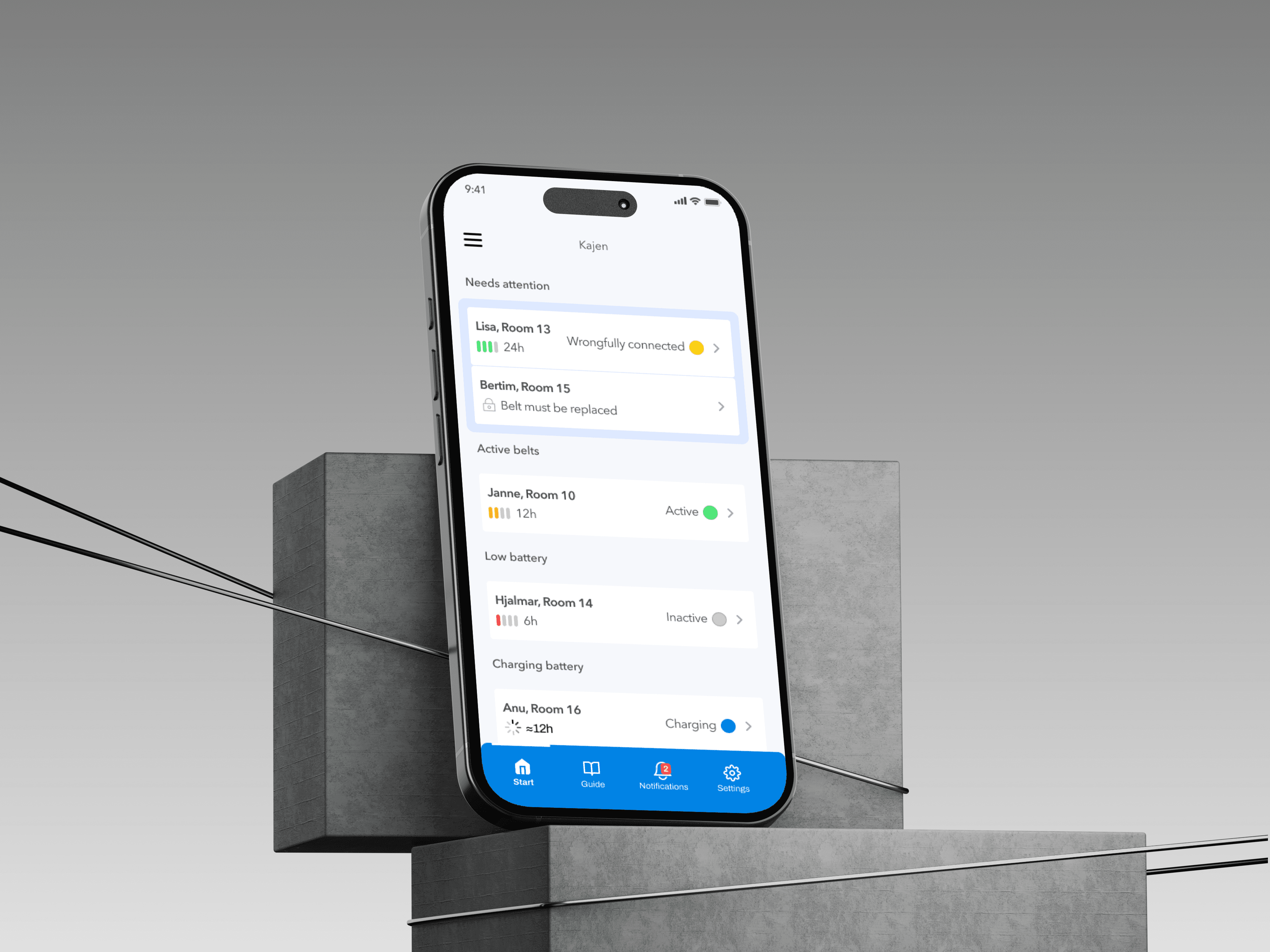 Early-version app home screen for a connected safety device used by nurses in elderly care homes and hospitals.