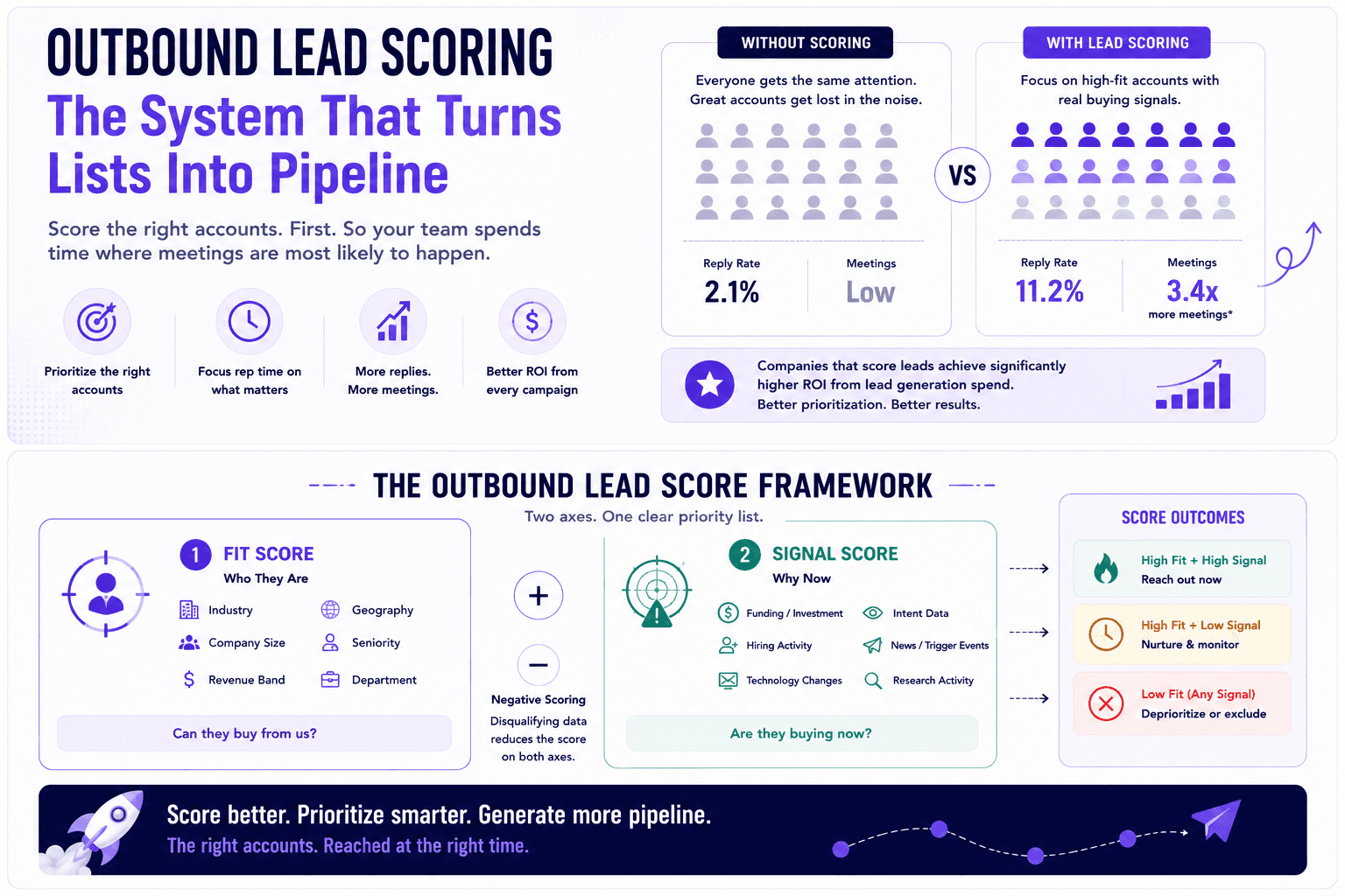 Outbound lead scoring infographic comparing fit scores, buying signals, account prioritization, outcomes, and pipeline growth
