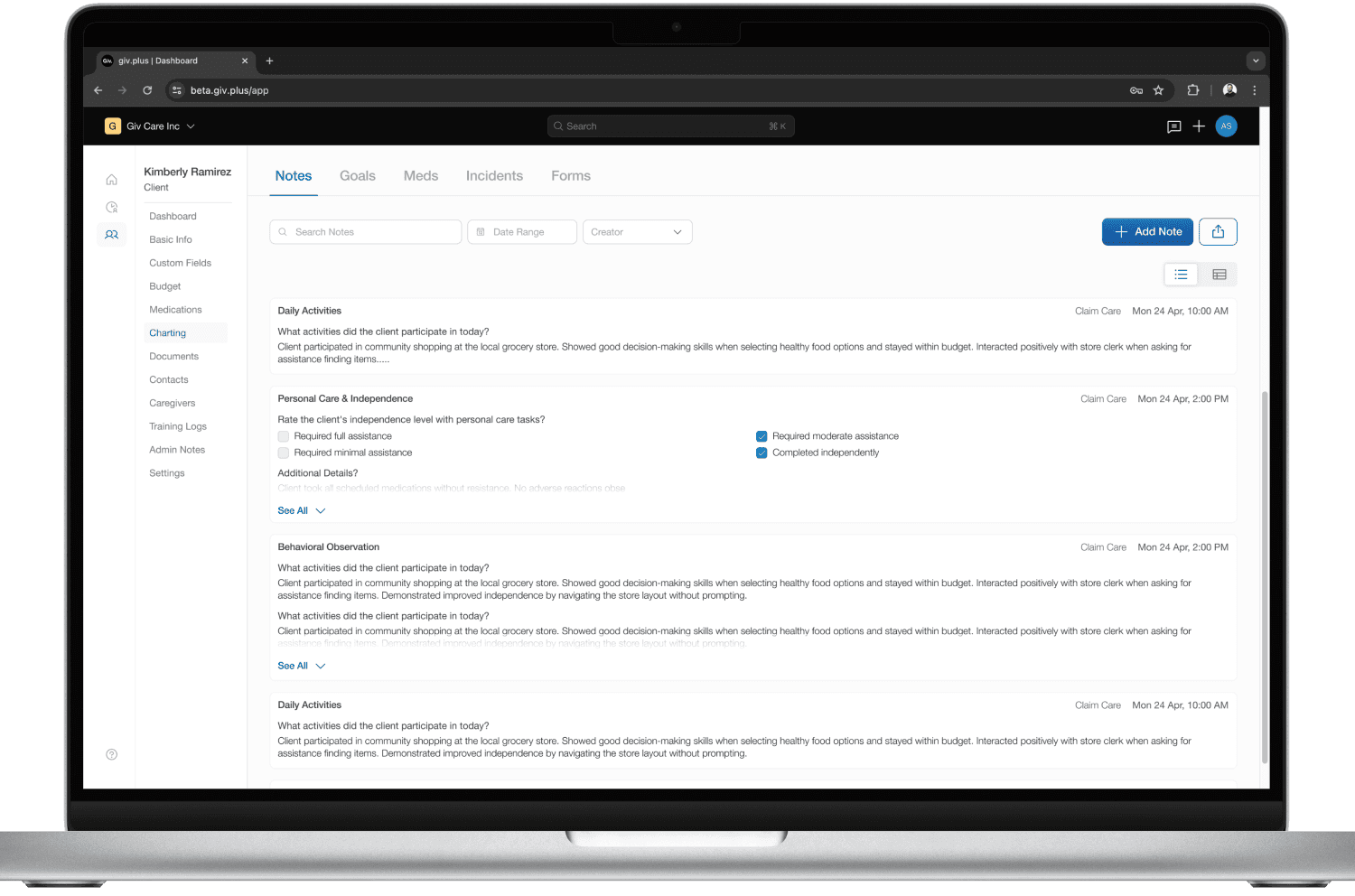 Desktop charting for client notes.