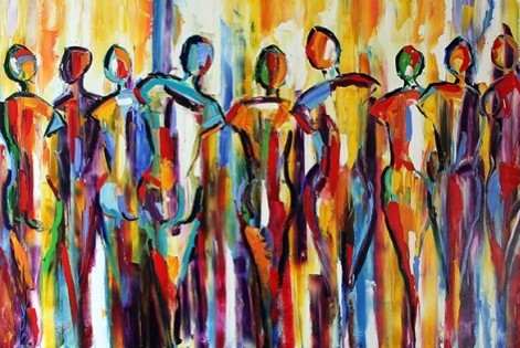 Vibrant and diverse scene depicting a group of individuals engaged in colorful expressions of unity and connection through art in a dynamic painting