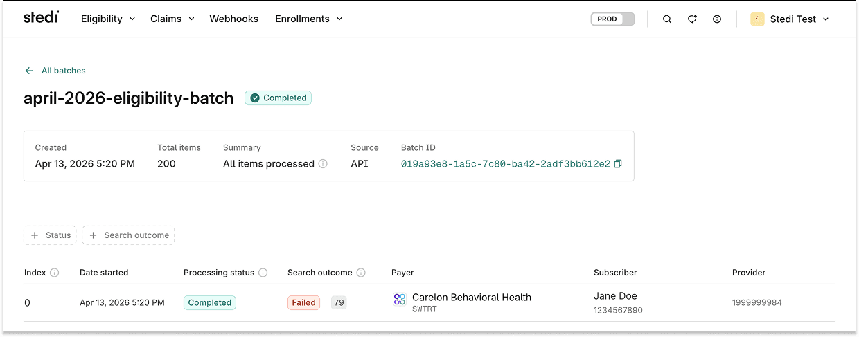 Filter batch eligibility results by search outcome
