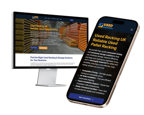 A phone and a monitor displaying the Used Racking UK website, designed and developed by Nimble Media. The website features a clean, professional layout showcasing various industrial racking solutions.