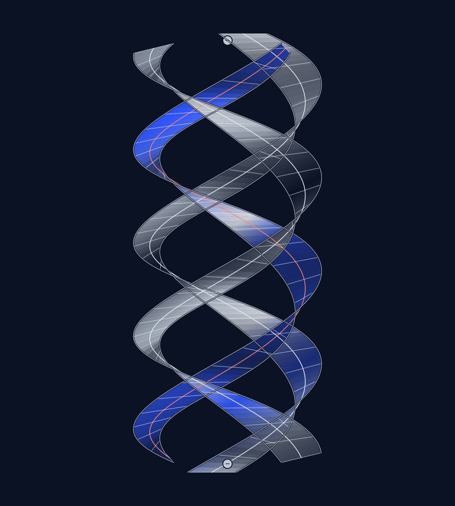 Three independently phased ribbon conductors wind around a shared open acoustic axis. Original cobalt and silver vector illustration on a dark ink field.