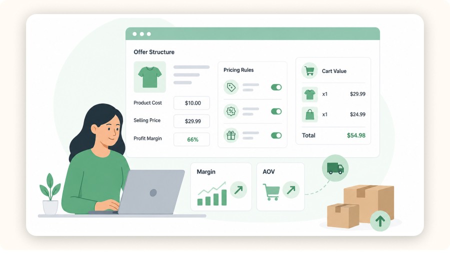 Illustration of ecommerce dashboard showing pricing, margins, and cart value optimization
