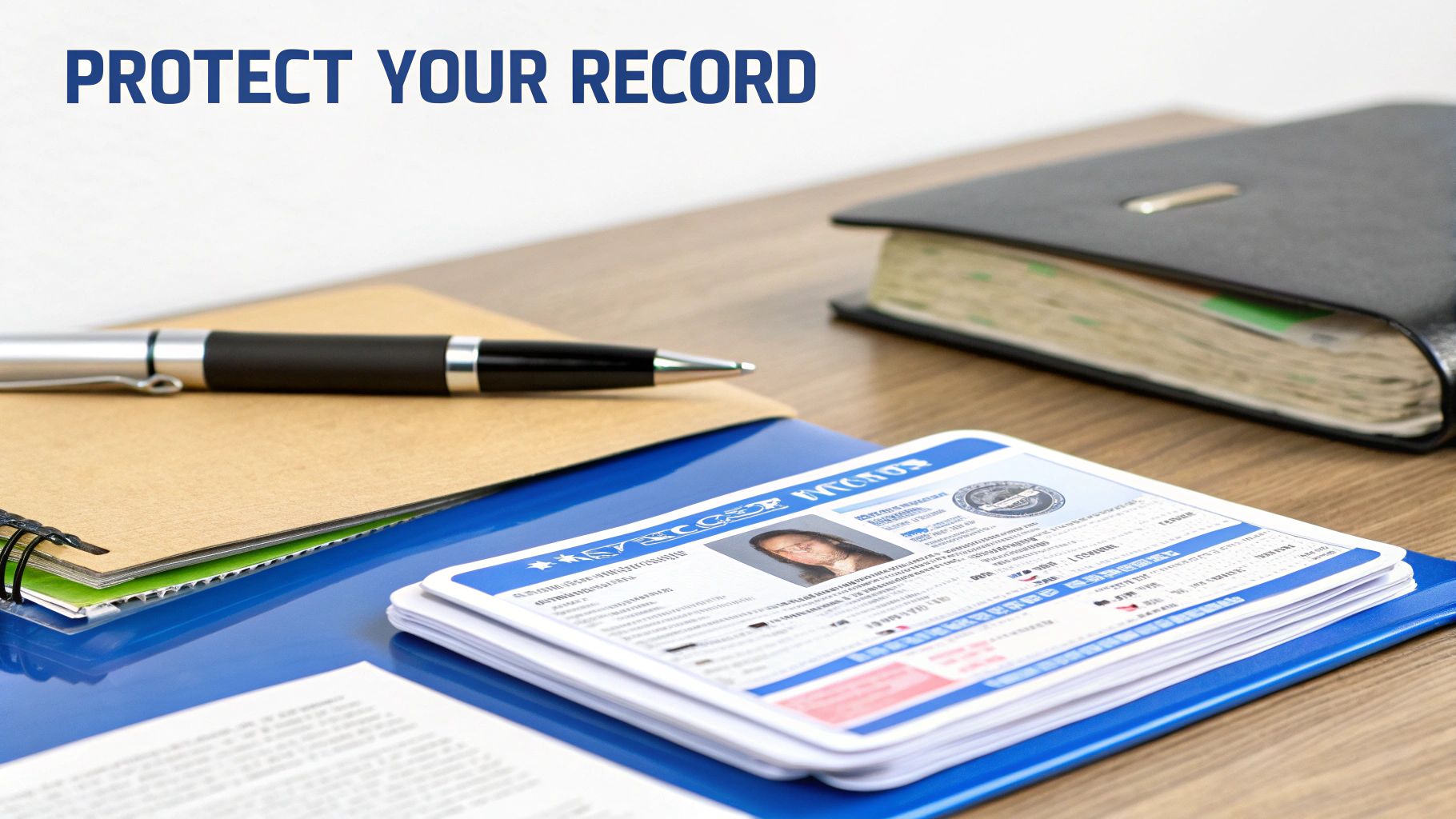 A desk with documents, a pen, and notebooks, illustrating the concept of protecting your record.