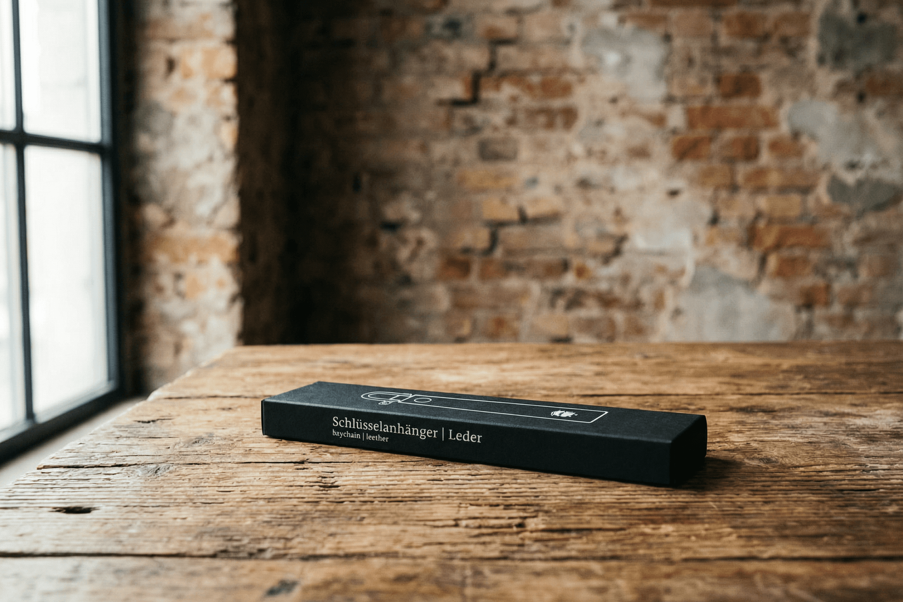 Black box with "Schlüsselanhänger | Leder" text