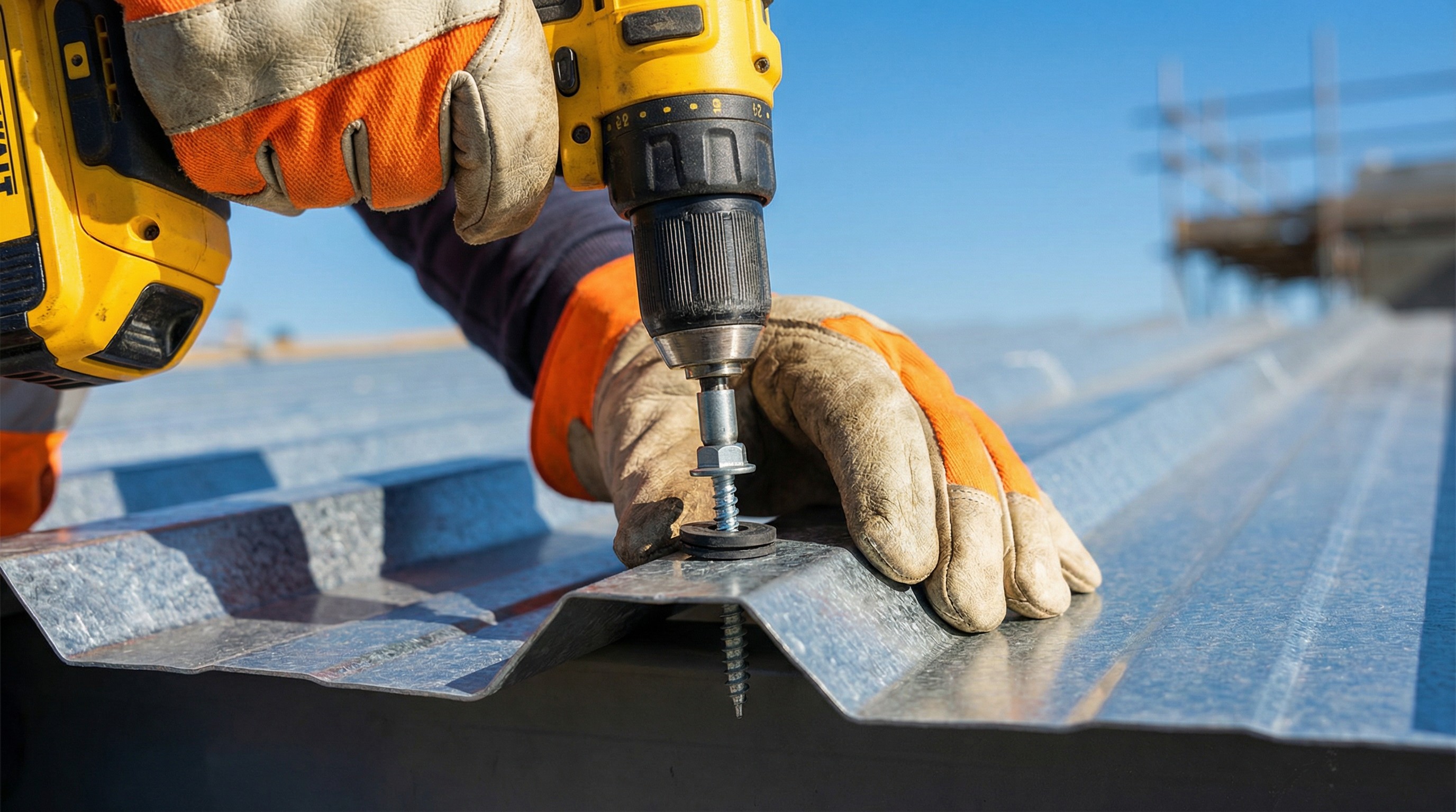 A construction worker drills a screw into metal roofing with a yellow power drill, wearing gloves.