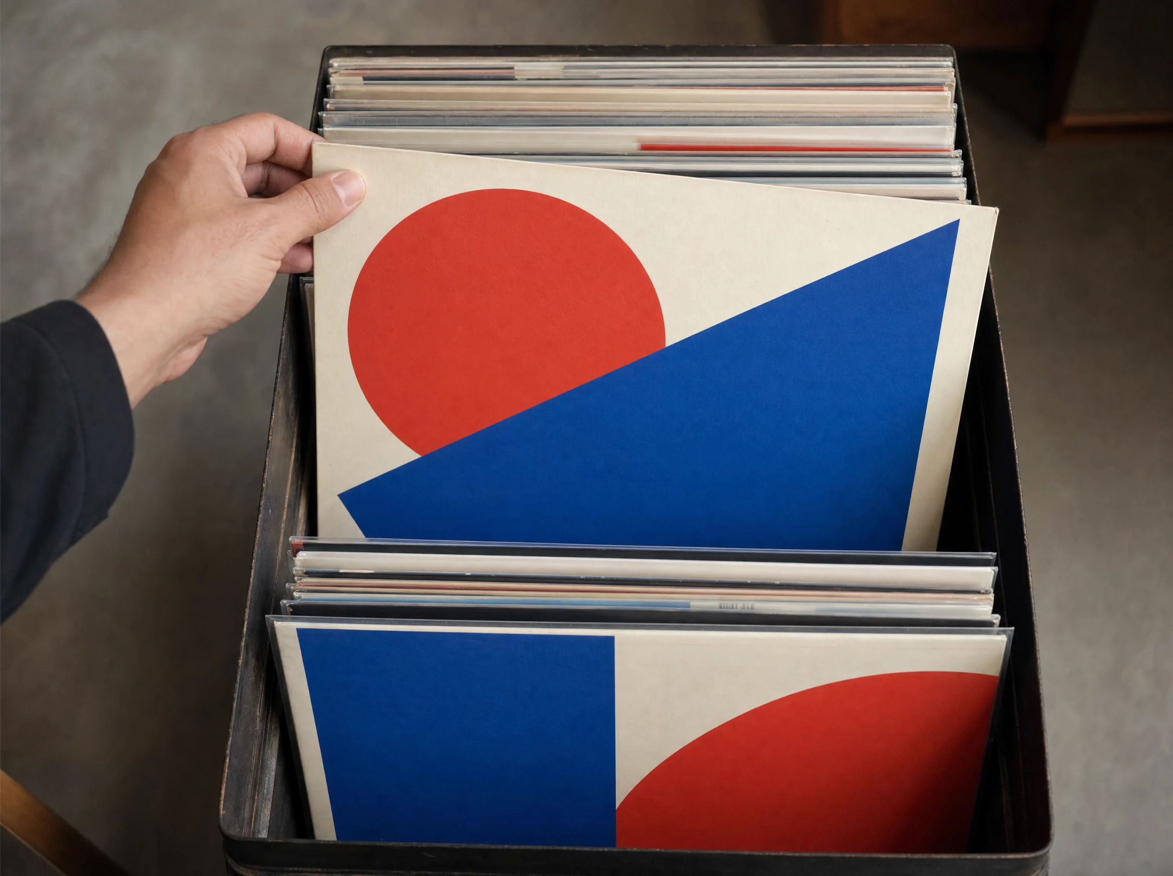 Record crate of Nachtvlinder sleeves with red and blue shapes