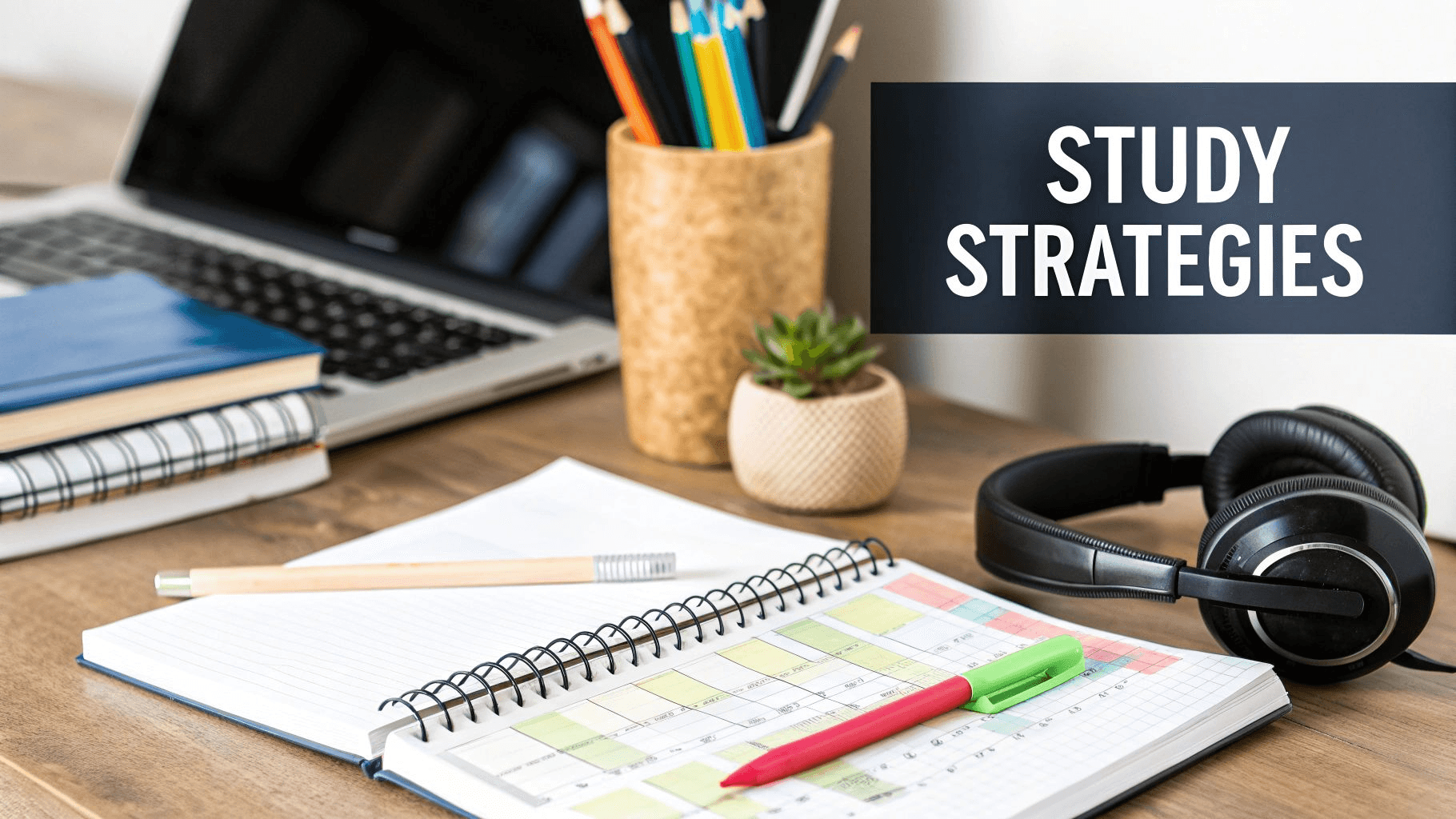 A picture of a desk with a laptop and a book on it, white text on black background saying study strategies. 